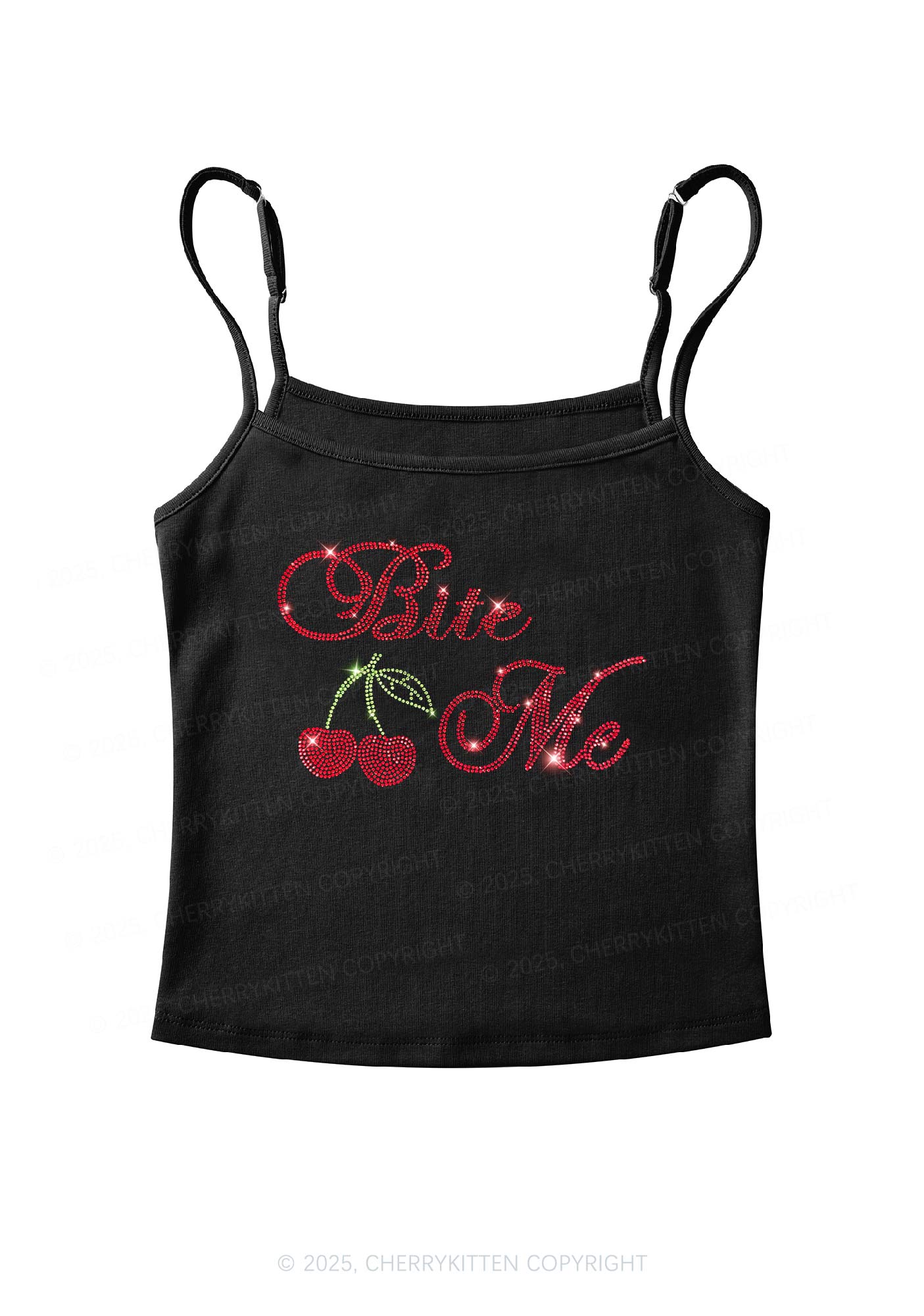 Rhinestone Red Cherry Bite Me Y2K Spaghetti Strap Cami Cherrykitten - Image 3