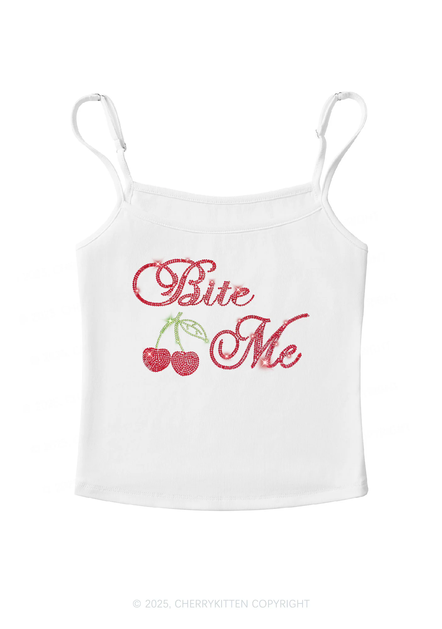 Rhinestone Red Cherry Bite Me Y2K Spaghetti Strap Cami Cherrykitten - Image 4
