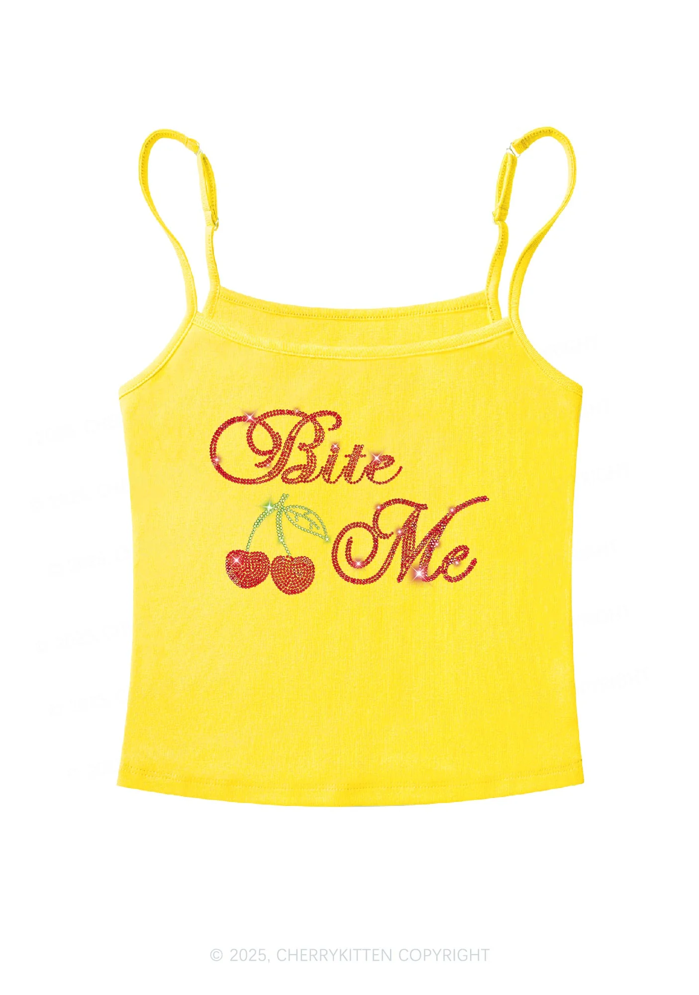 Rhinestone Red Cherry Bite Me Y2K Spaghetti Strap Cami Cherrykitten - Image 5