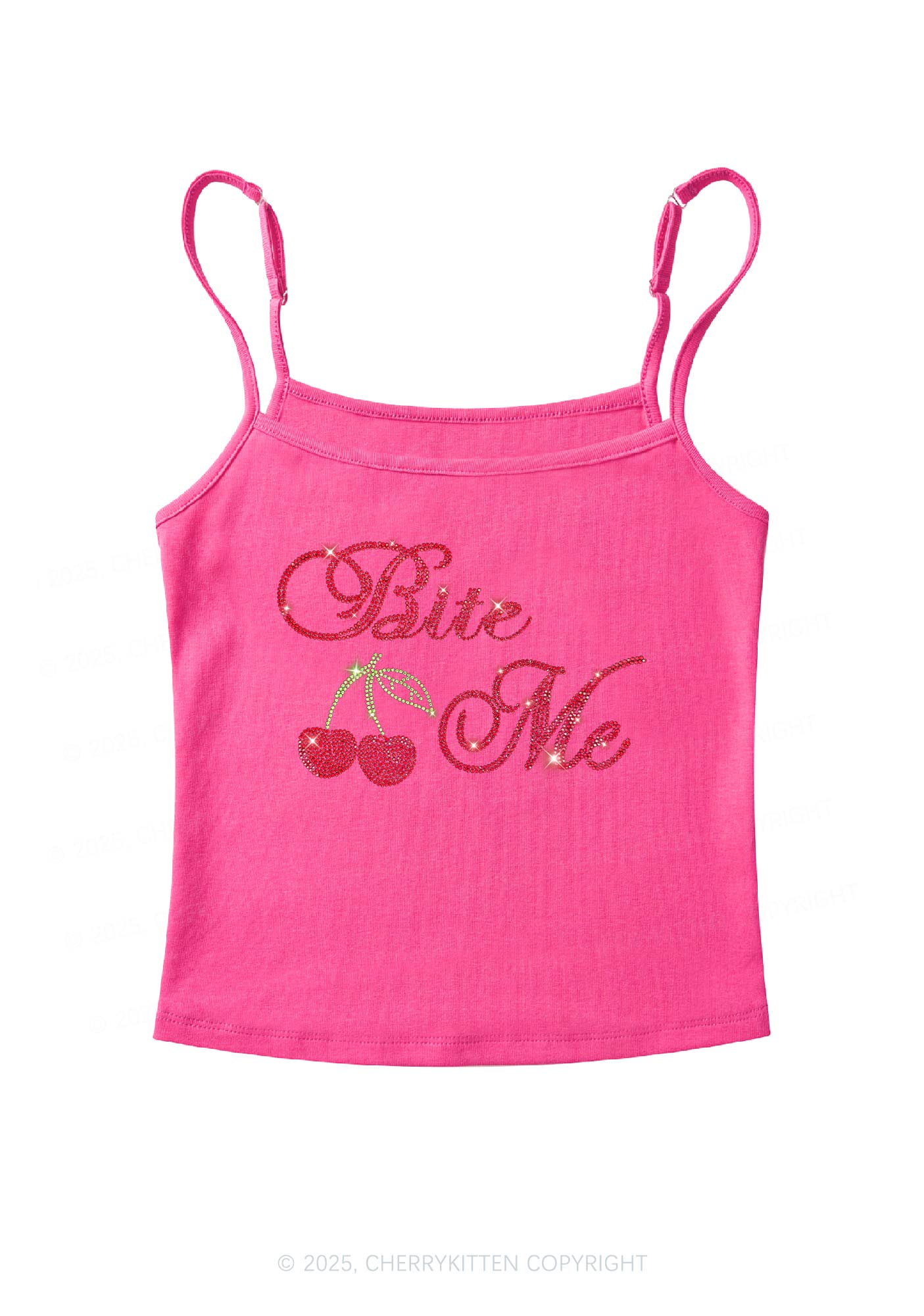 Rhinestone Red Cherry Bite Me Y2K Spaghetti Strap Cami Cherrykitten - Image 7