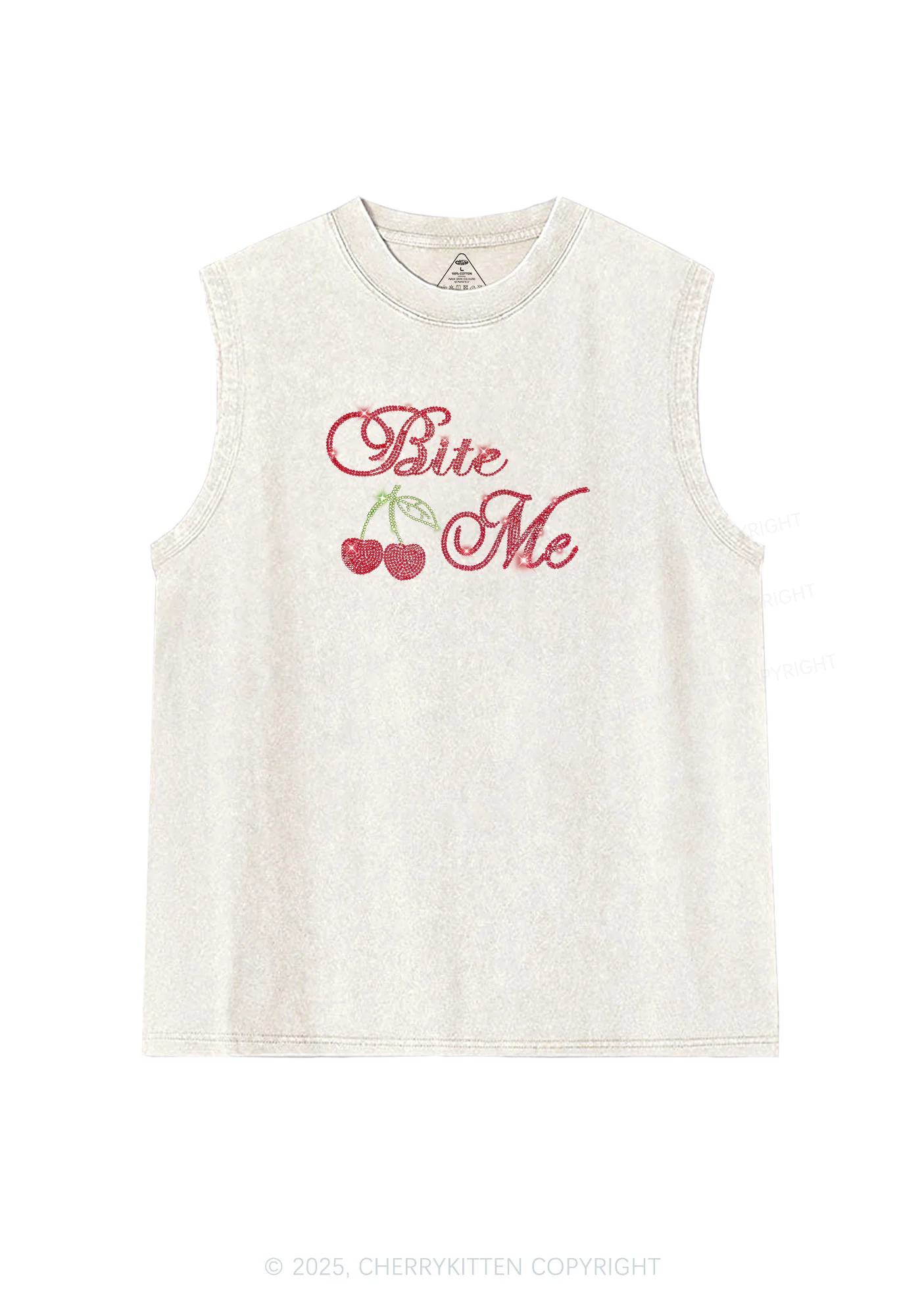 Rhinestone Red Cherry Bite Me Y2K Washed Muscle Tank Cherrykitten - Image 3
