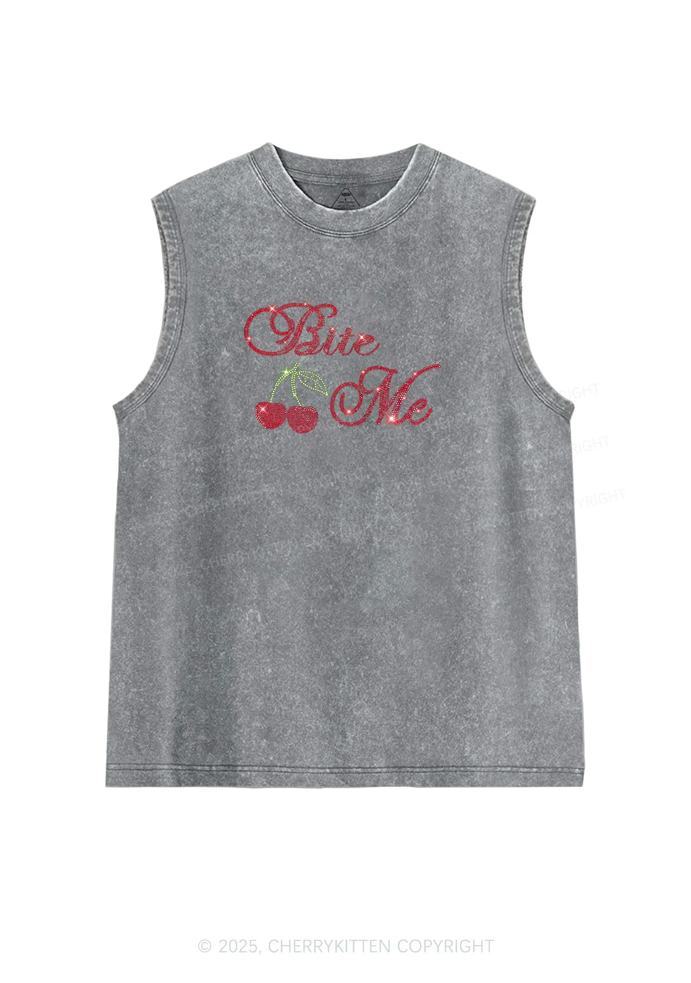 Rhinestone Red Cherry Bite Me Y2K Washed Muscle Tank Cherrykitten - Image 4
