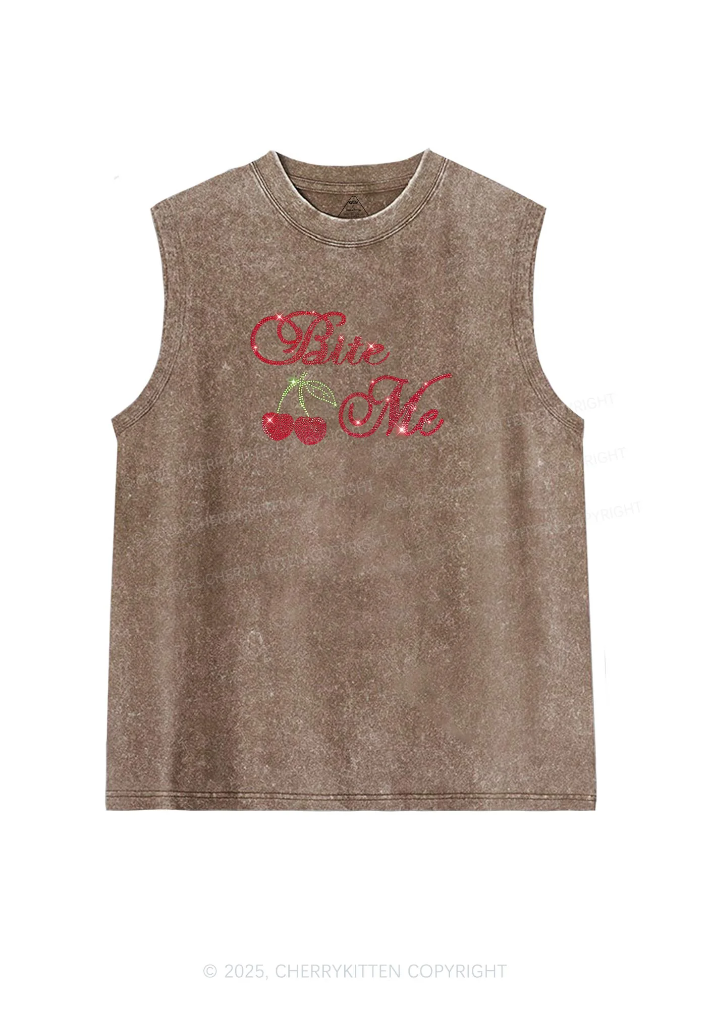 Rhinestone Red Cherry Bite Me Y2K Washed Muscle Tank Cherrykitten - Image 5