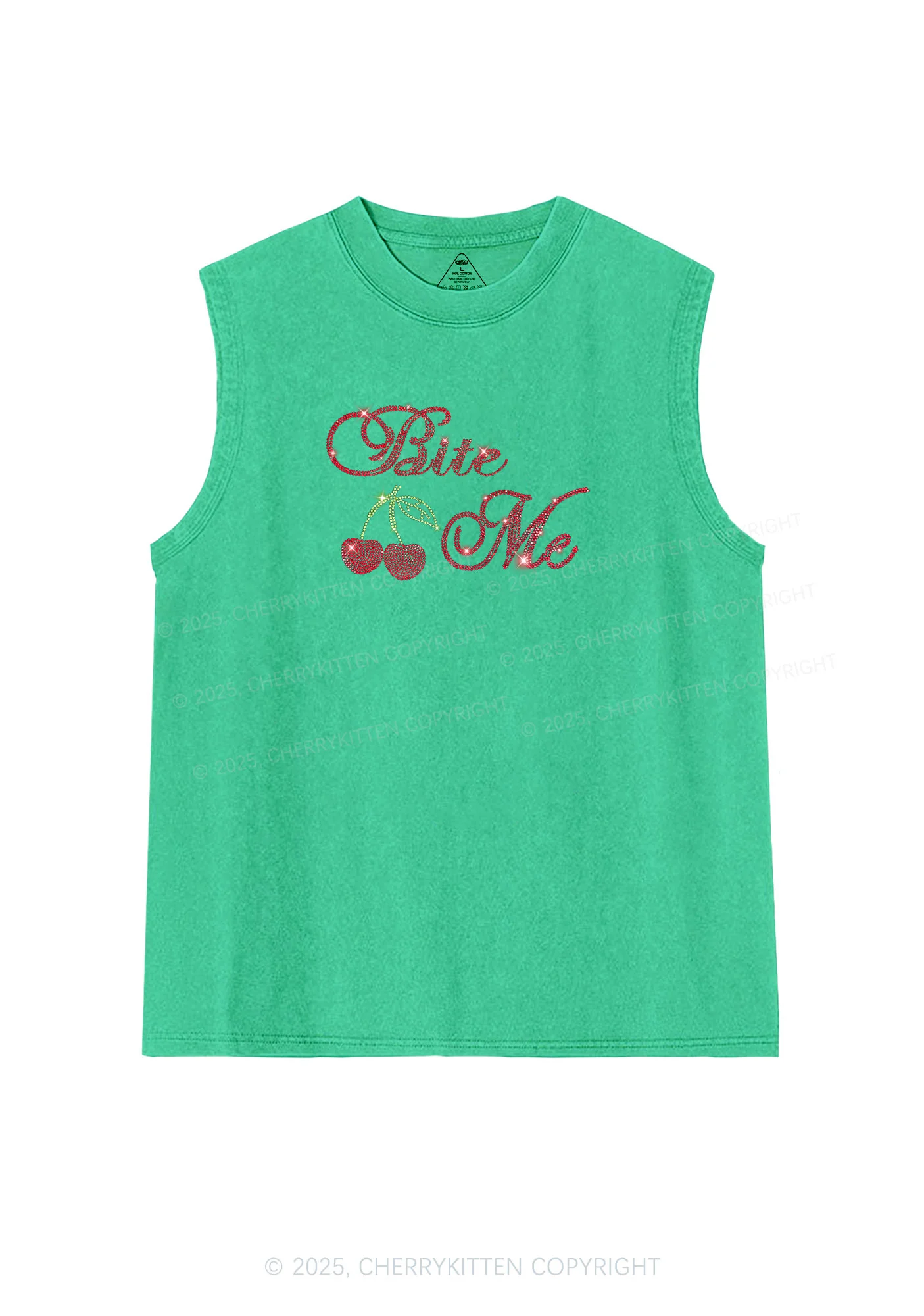 Rhinestone Red Cherry Bite Me Y2K Washed Muscle Tank Cherrykitten - Image 6