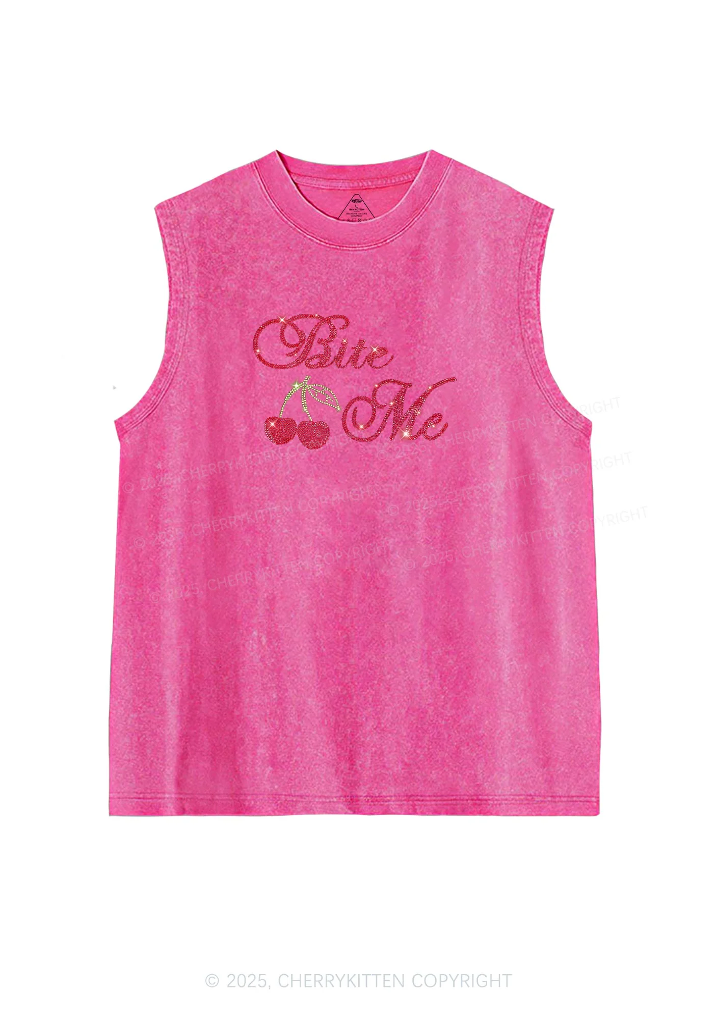 Rhinestone Red Cherry Bite Me Y2K Washed Muscle Tank Cherrykitten - Image 7