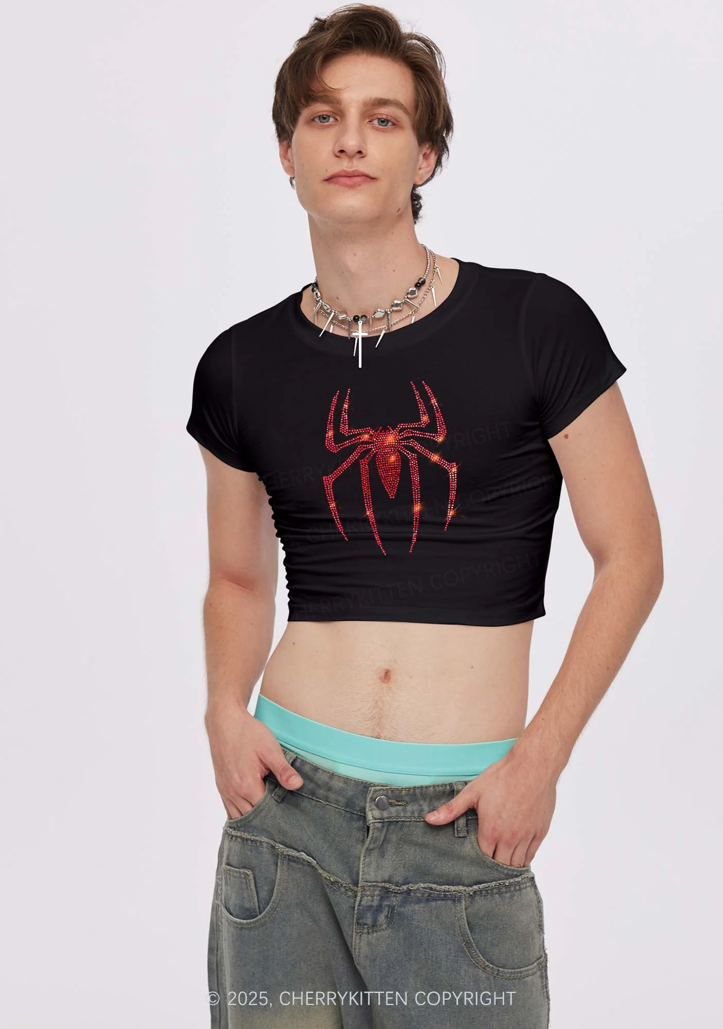 Rhinestone Red Spider Y2K Baby Tee Cherrykitten - Image 2