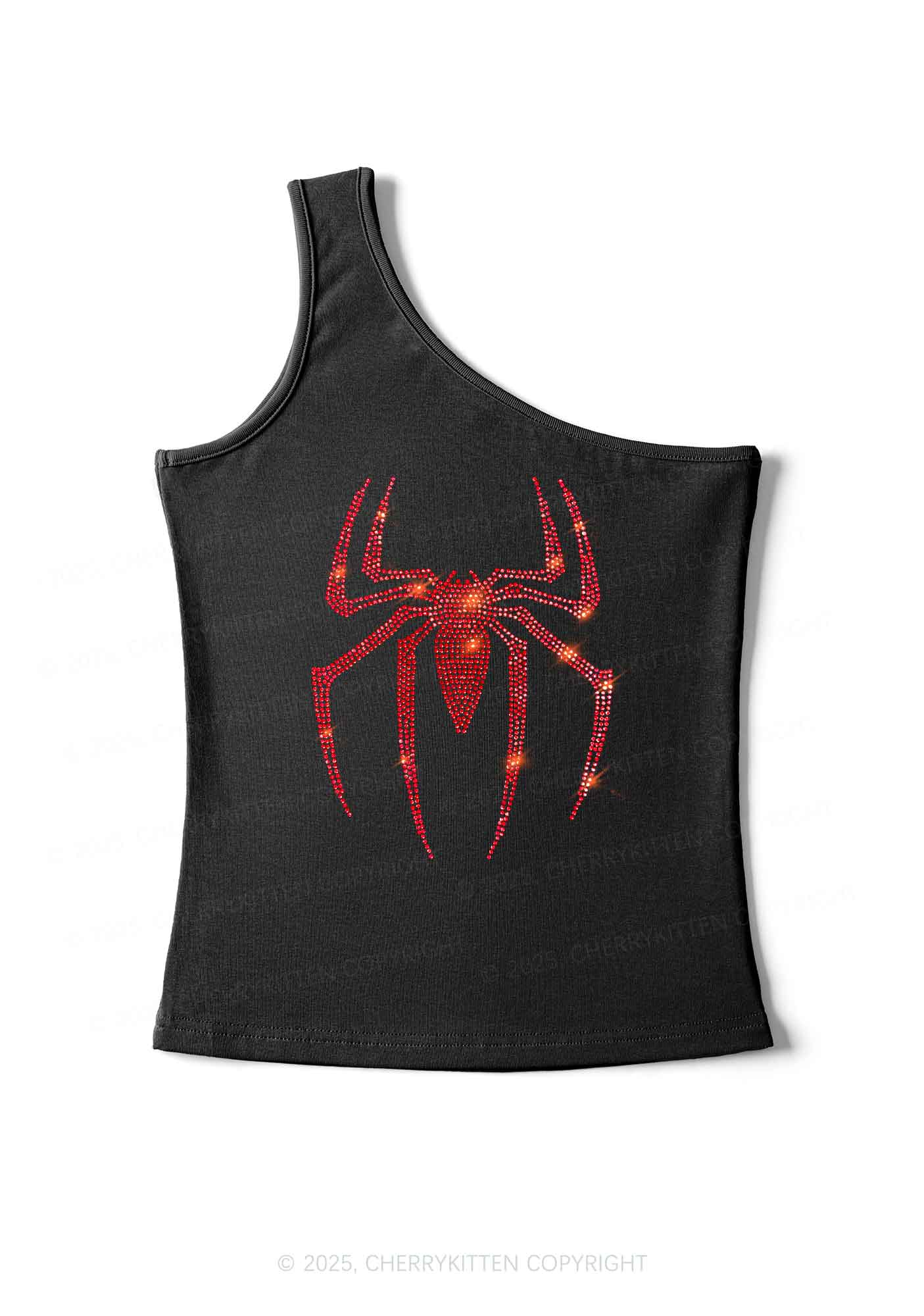Rhinestone Red Spider Y2K One Shoulder Tank Top Cherrykitten - Image 2