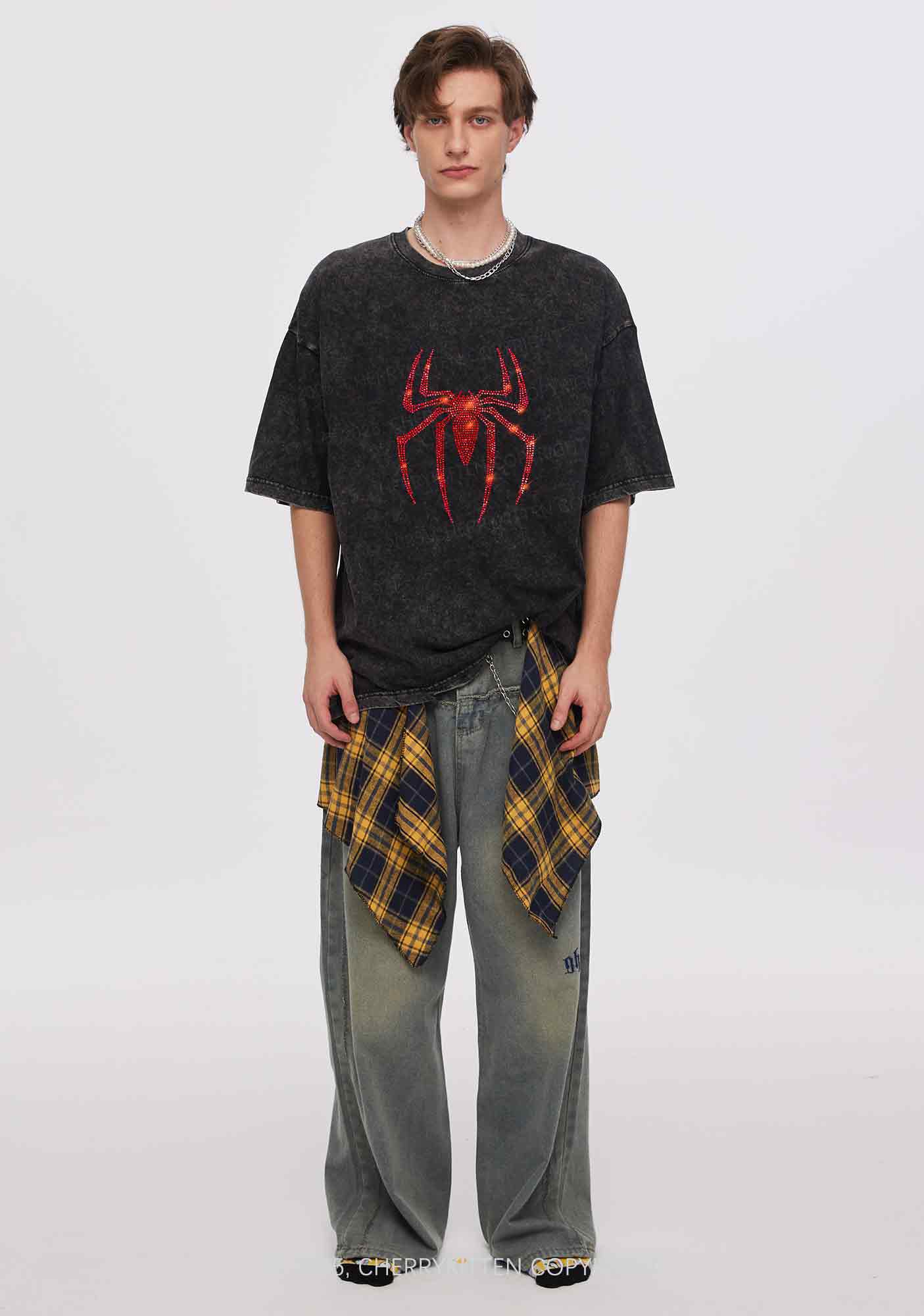 Rhinestone Red Spider Y2K Shirts Washed Tee Cherrykitten - Image 2