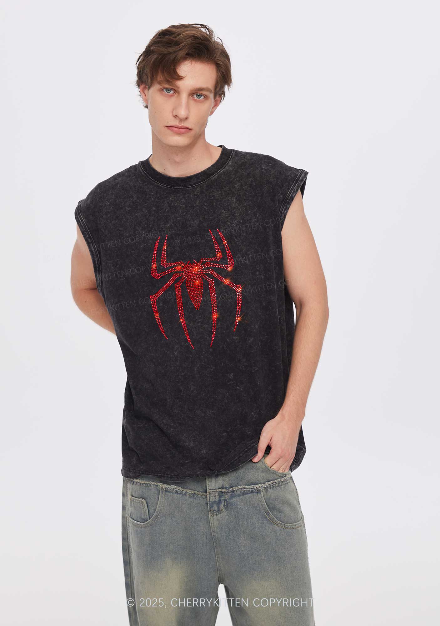Rhinestone Red Spider Y2K Washed Muscle Tank Cherrykitten - Image 2