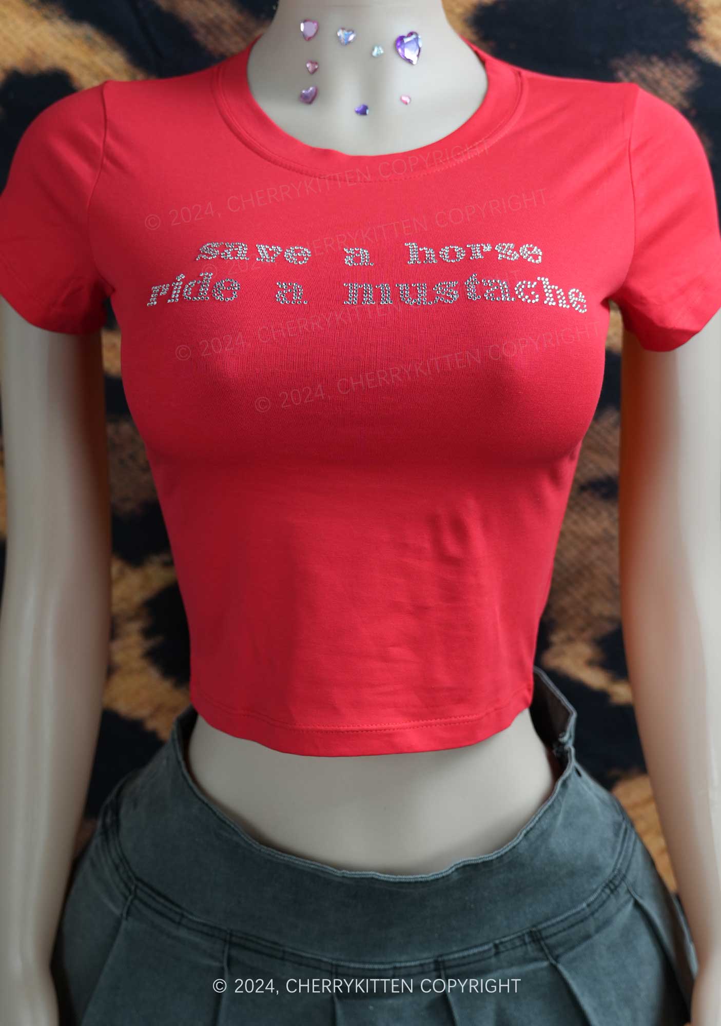 Rhinestone Ride A Mustache Y2K Baby Tee Cherrykitten - Image 2