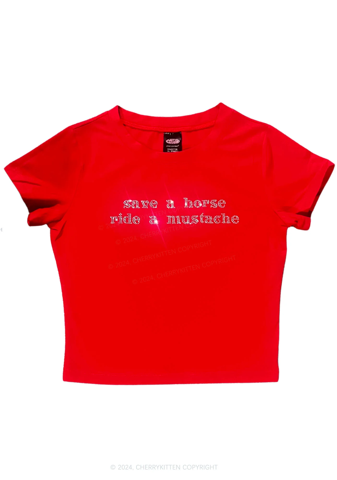 Rhinestone Ride A Mustache Y2K Baby Tee Cherrykitten - Image 5