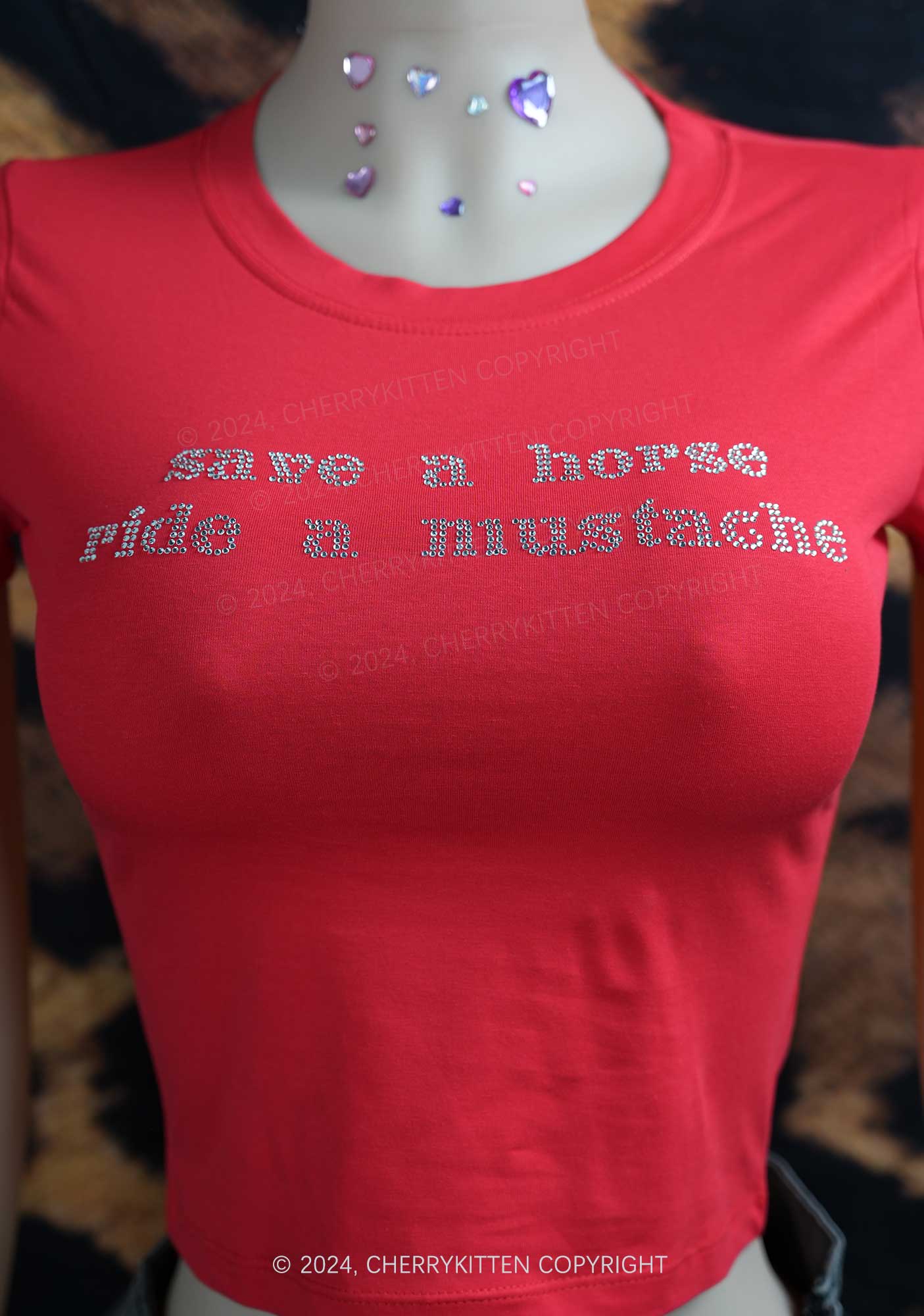 Rhinestone Ride A Mustache Y2K Baby Tee Cherrykitten - Image 7