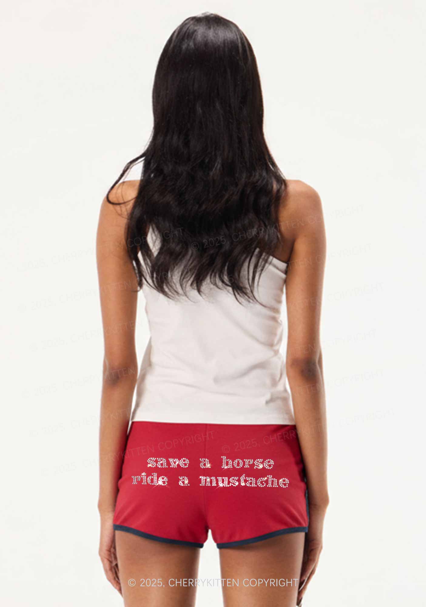 Rhinestone Ride A Mustache Y2K Booty Shorts Cherrykitten - Image 2