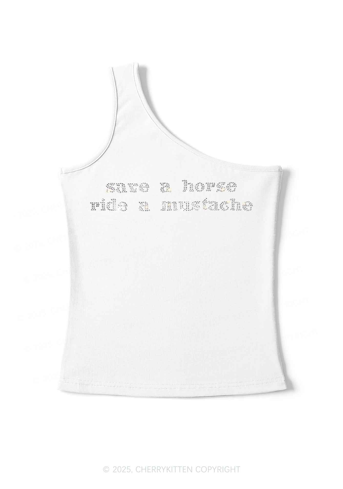Rhinestone Ride A Mustache Y2K One Shoulder Tank Top Cherrykitten - Image 3