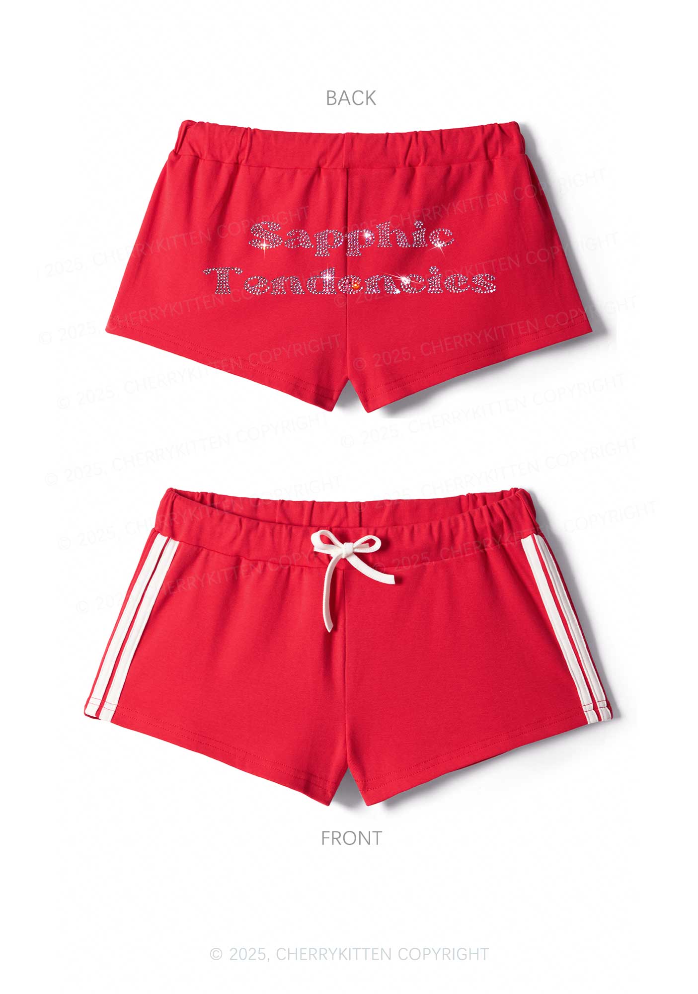 Rhinestone Sapphic Tendencies Pride Y2K Drawstring Mini Shorts Cherrykitten - Image 4