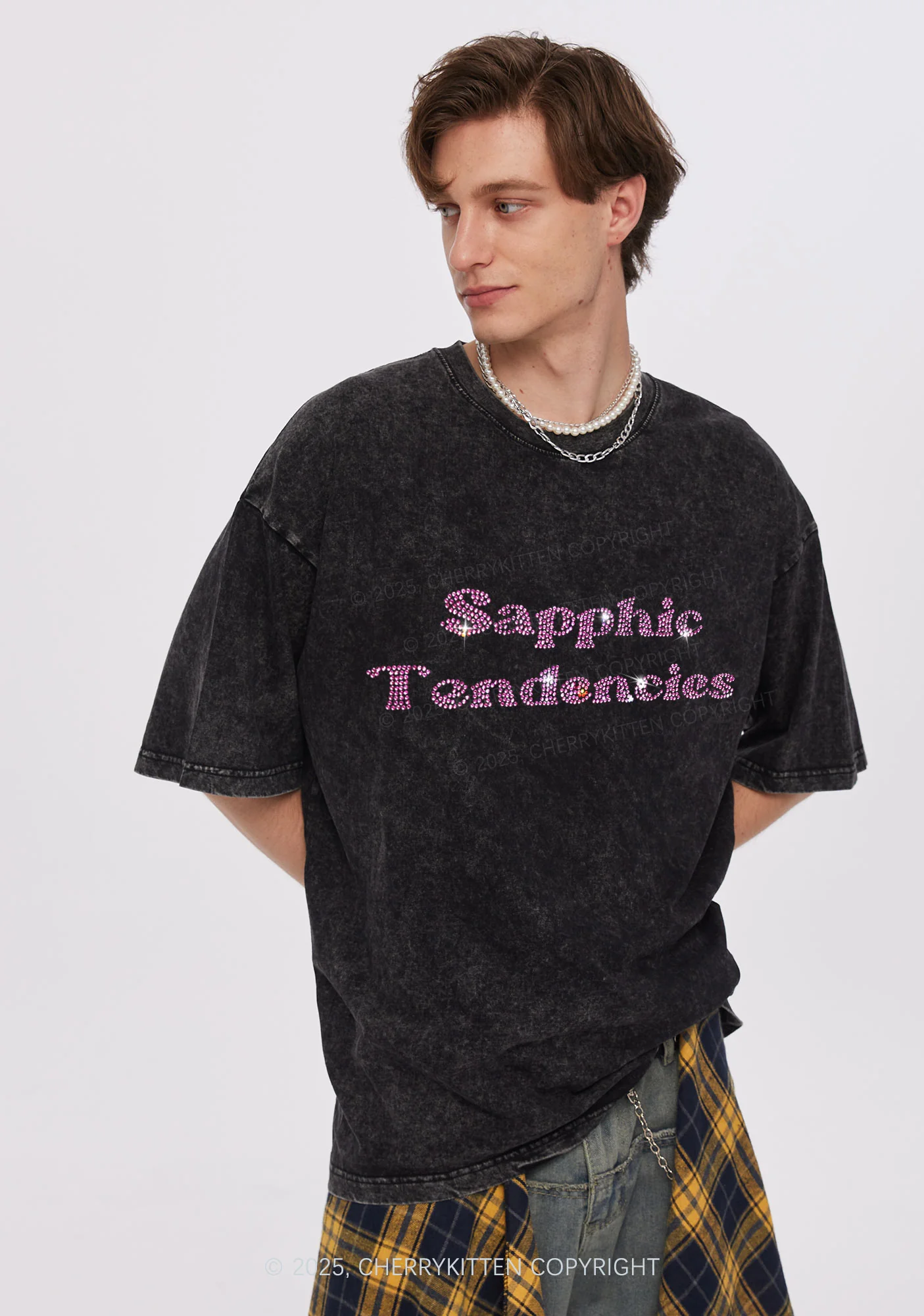 Rhinestone Sapphic Tendencies Pride Y2K Shirts Washed Tee Cherrykitten - Image 2