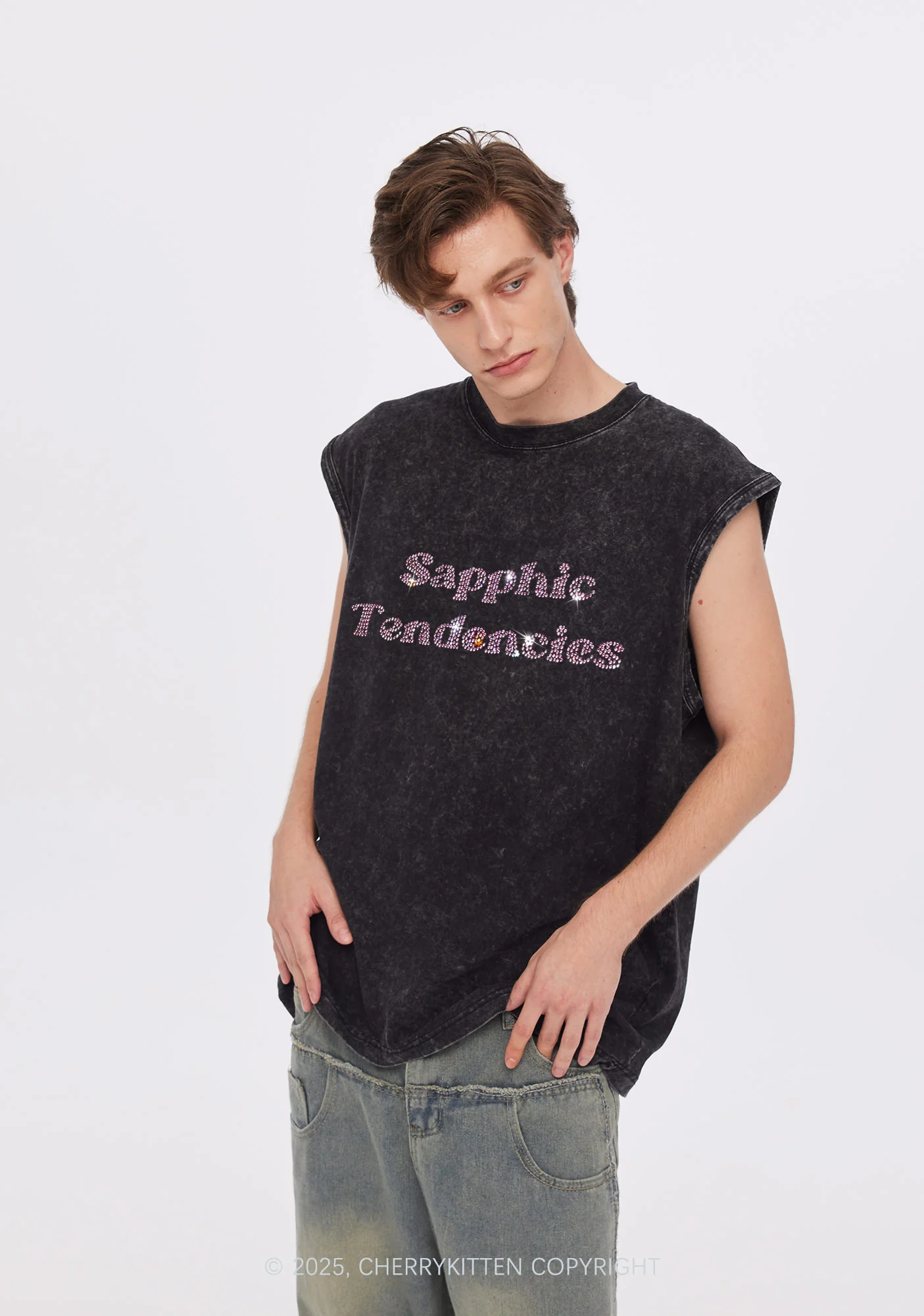Rhinestone Sapphic Tendencies Pride Y2K Washed Muscle Tank Cherrykitten - Image 2