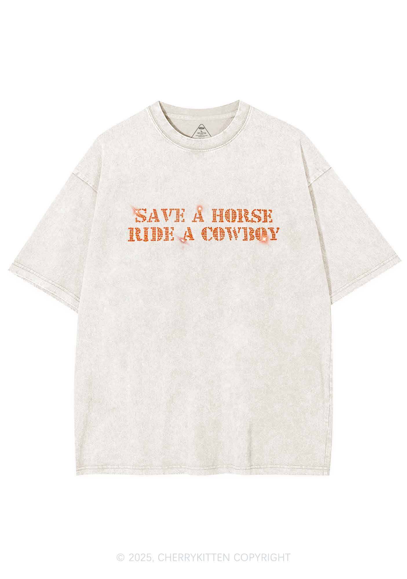 Rhinestone Save A Horse Ride A Cowboy Y2K Shirts Washed Tee Cherrykitten - Image 3