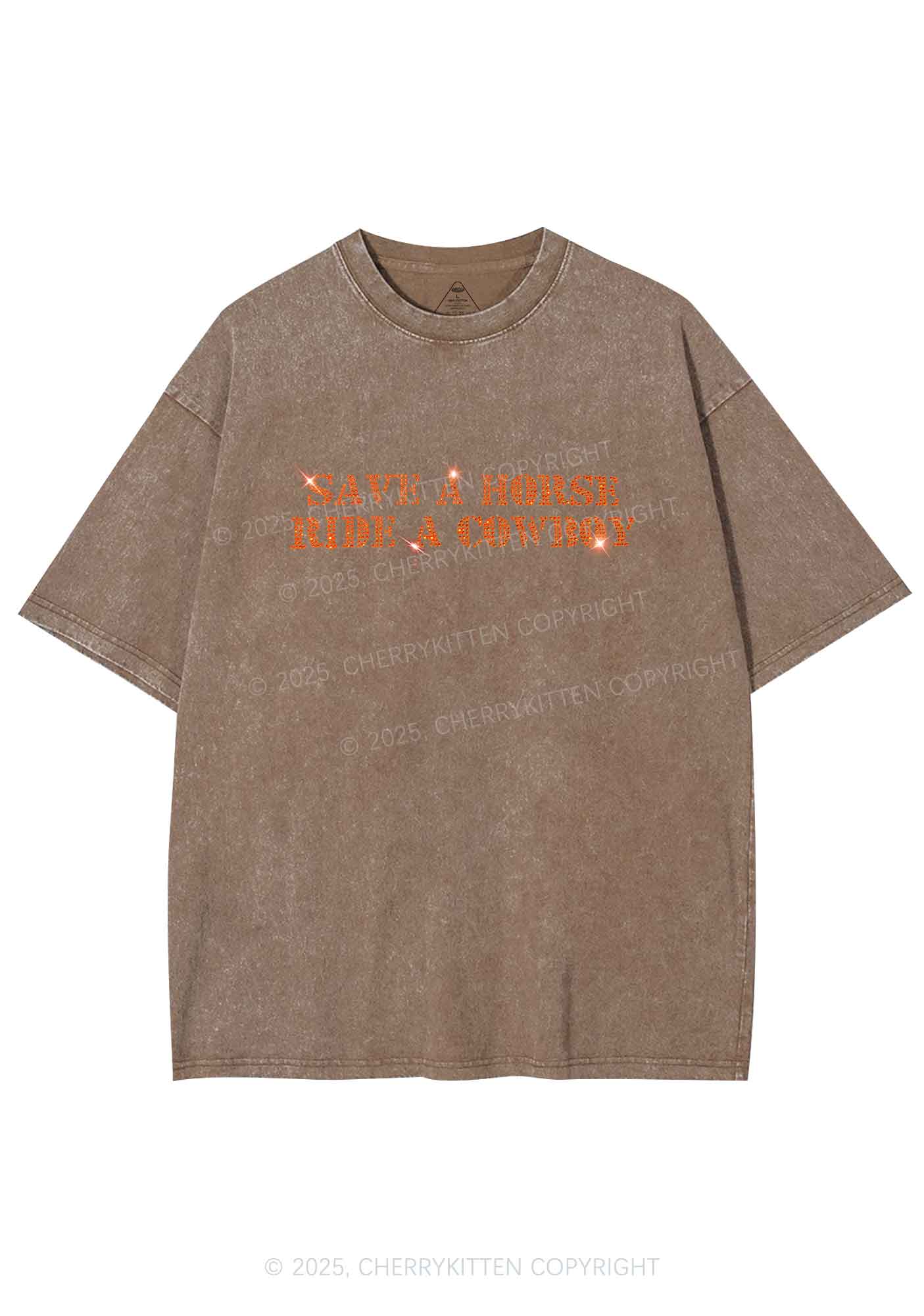 Rhinestone Save A Horse Ride A Cowboy Y2K Shirts Washed Tee Cherrykitten - Image 5