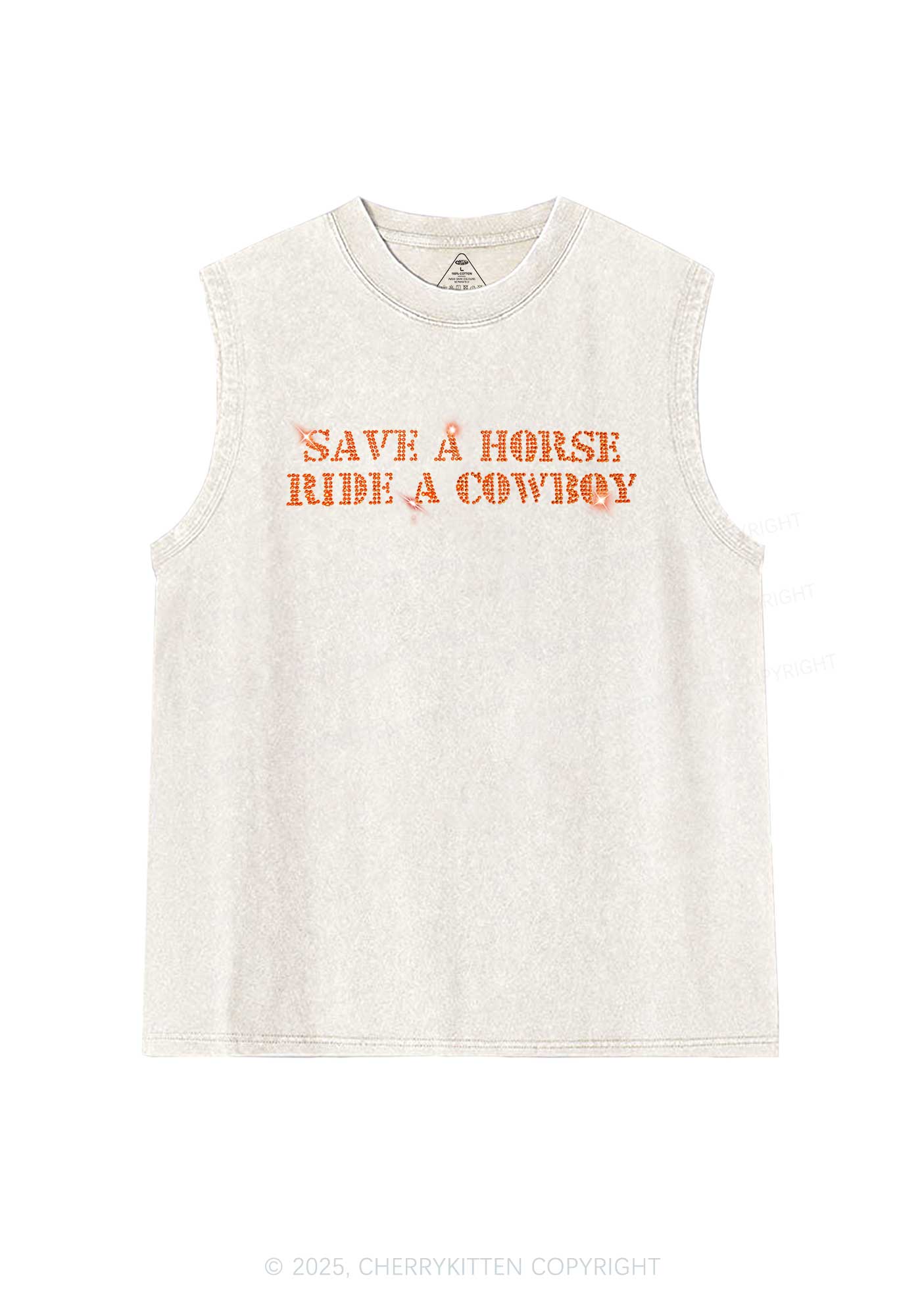 Rhinestone Save A Horse Ride A Cowboy Y2K Washed Muscle Tank Cherrykitten - Image 3