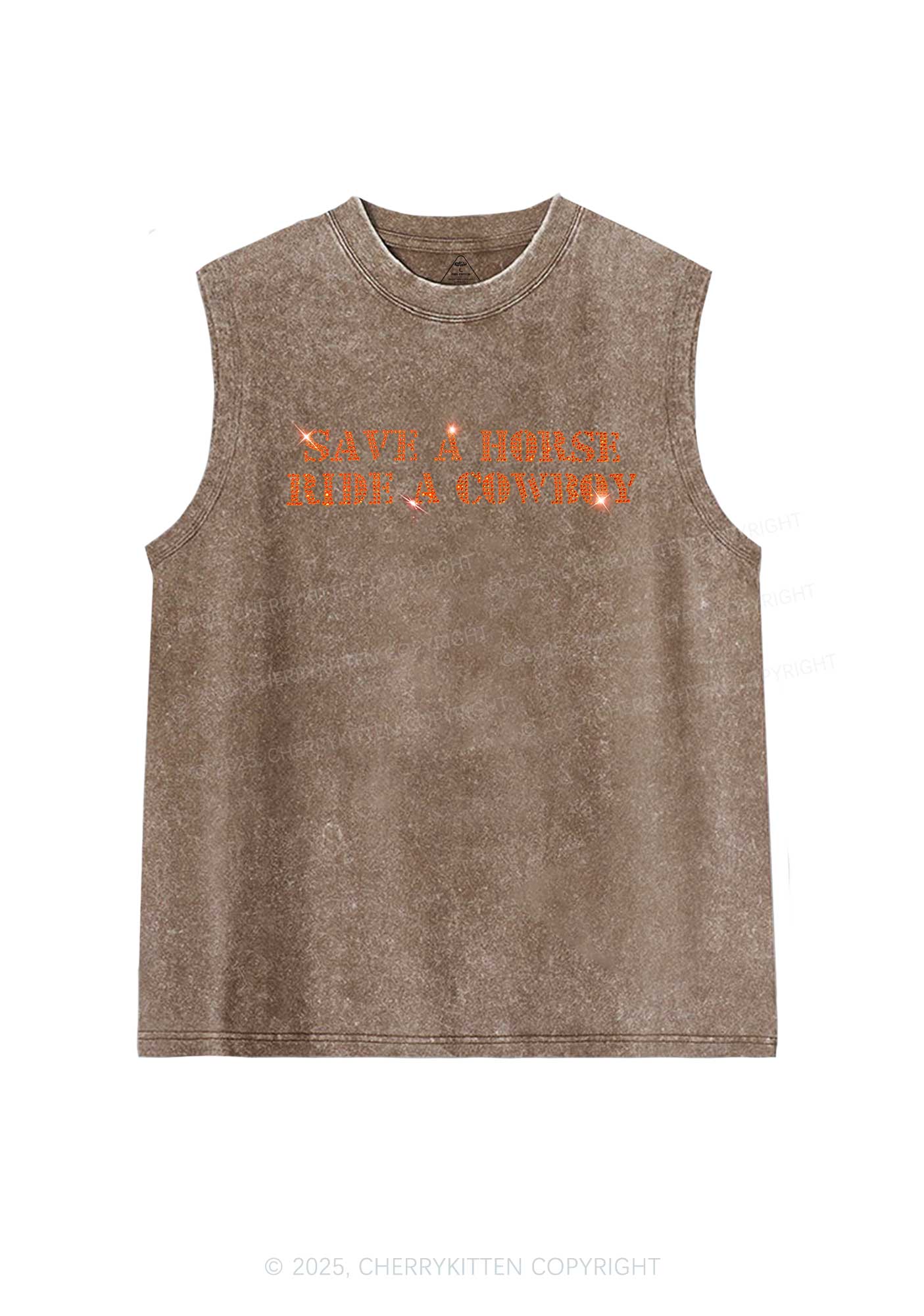 Rhinestone Save A Horse Ride A Cowboy Y2K Washed Muscle Tank Cherrykitten - Image 4