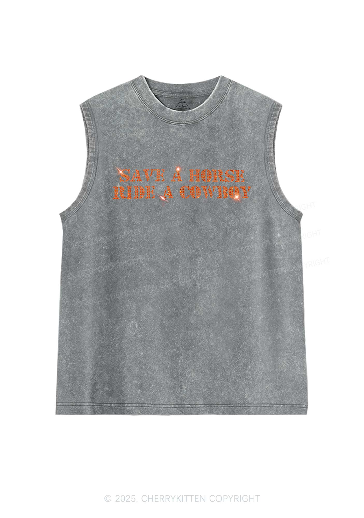 Rhinestone Save A Horse Ride A Cowboy Y2K Washed Muscle Tank Cherrykitten - Image 5