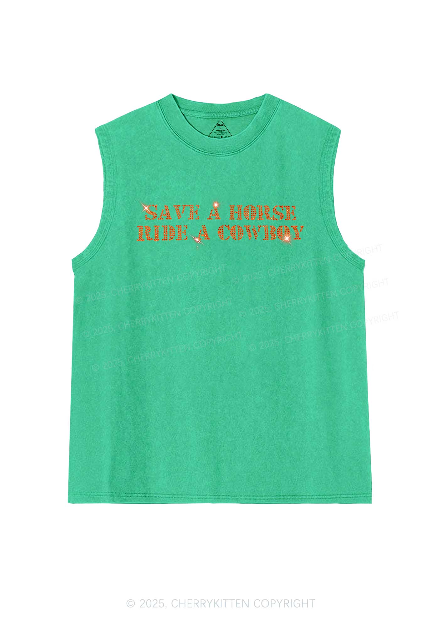 Rhinestone Save A Horse Ride A Cowboy Y2K Washed Muscle Tank Cherrykitten - Image 6