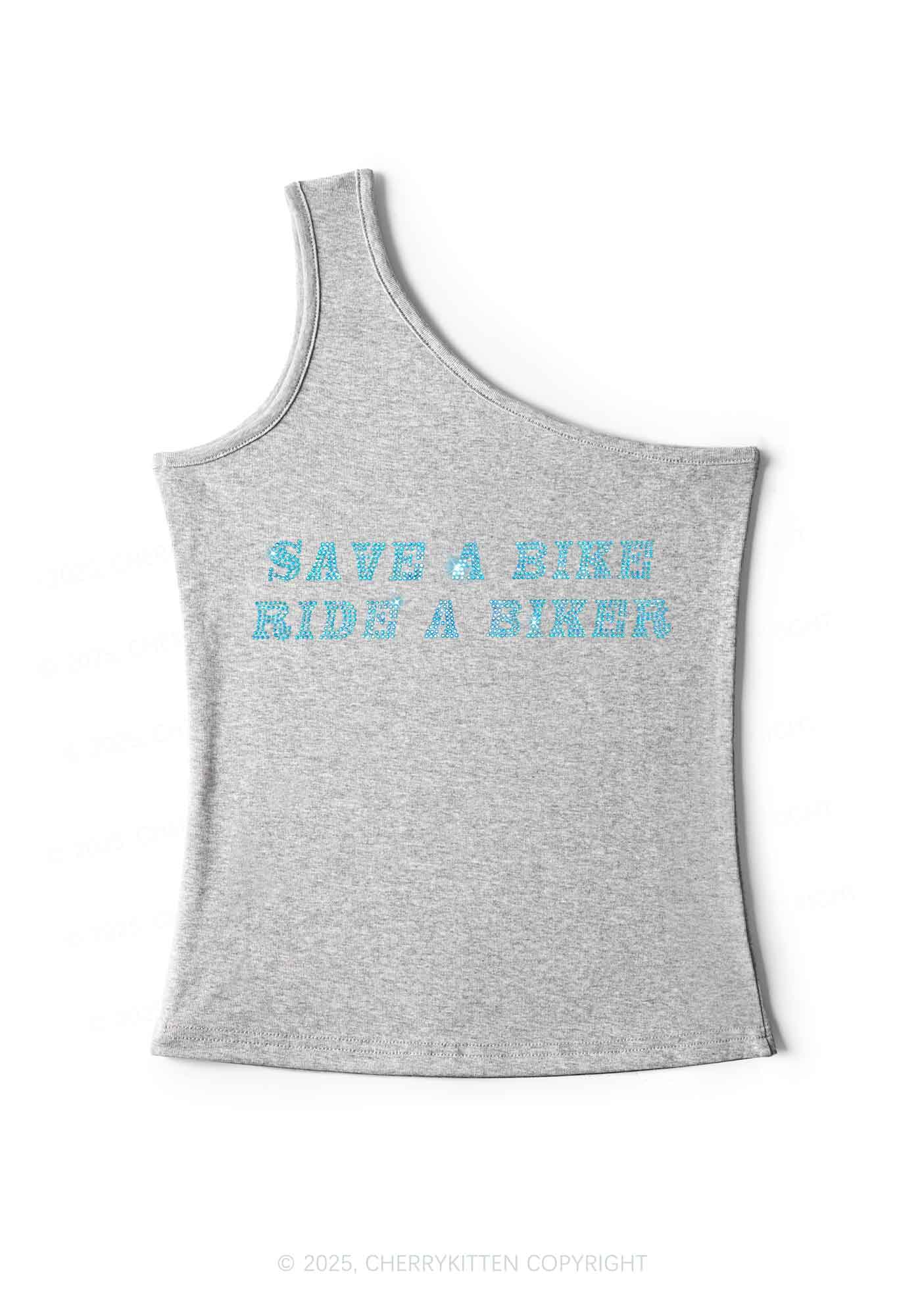 Rhinestone Save Bike Ride Biker Y2K One Shoulder Tank Top Cherrykitten - Image 3
