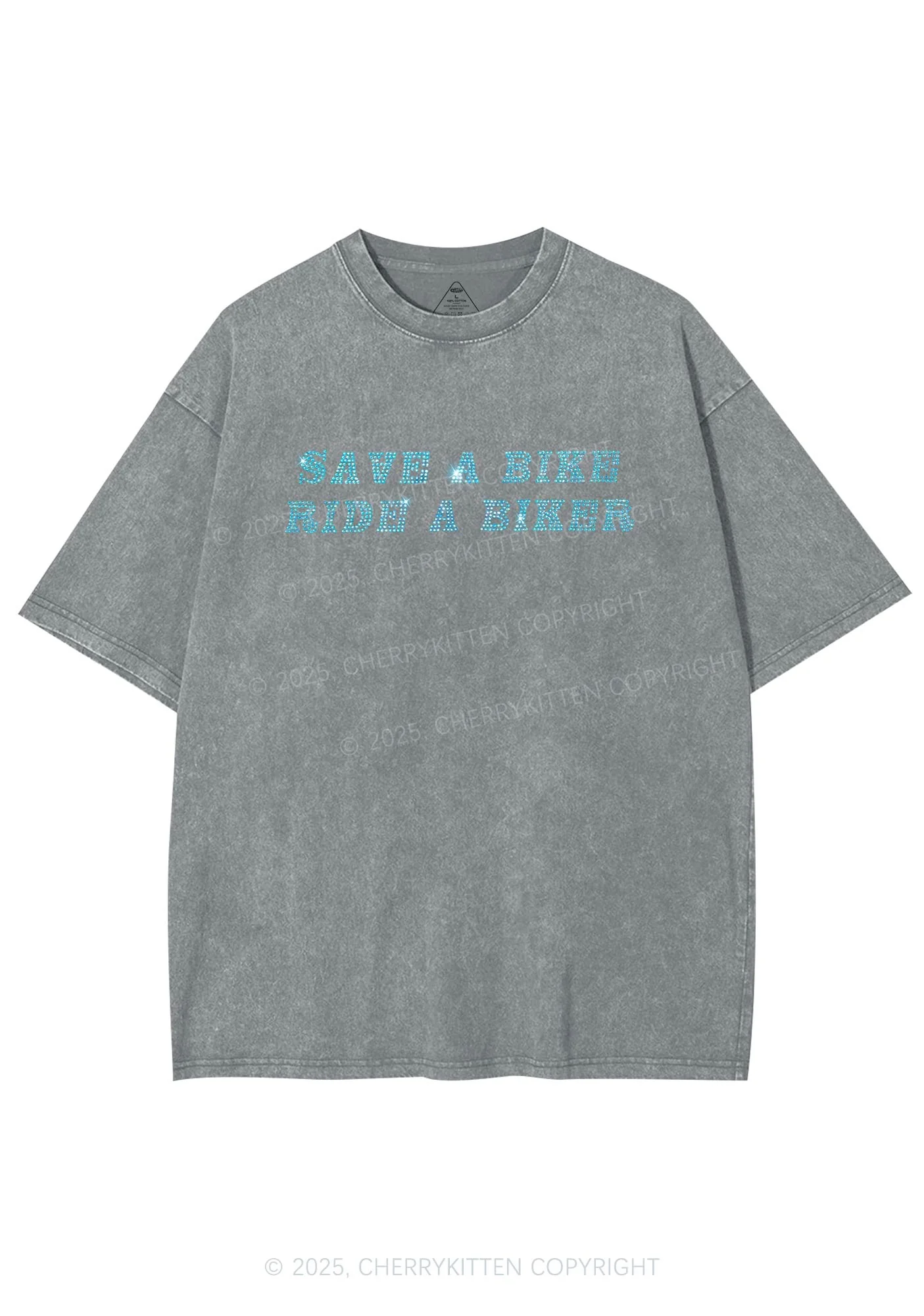 Rhinestone Save Bike Ride Biker Y2K Shirts Washed Tee Cherrykitten - Image 5