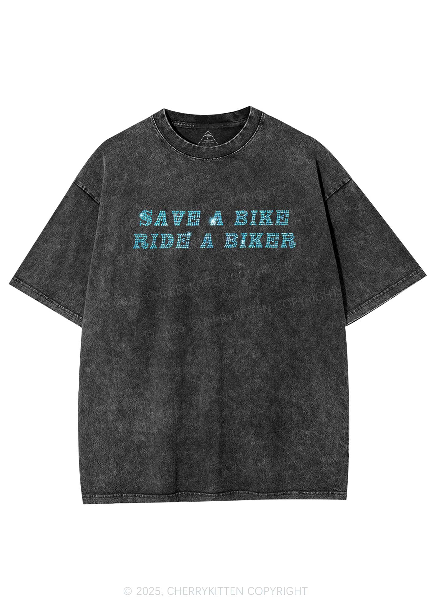 Rhinestone Save Bike Ride Biker Y2K Shirts Washed Tee Cherrykitten - Image 7
