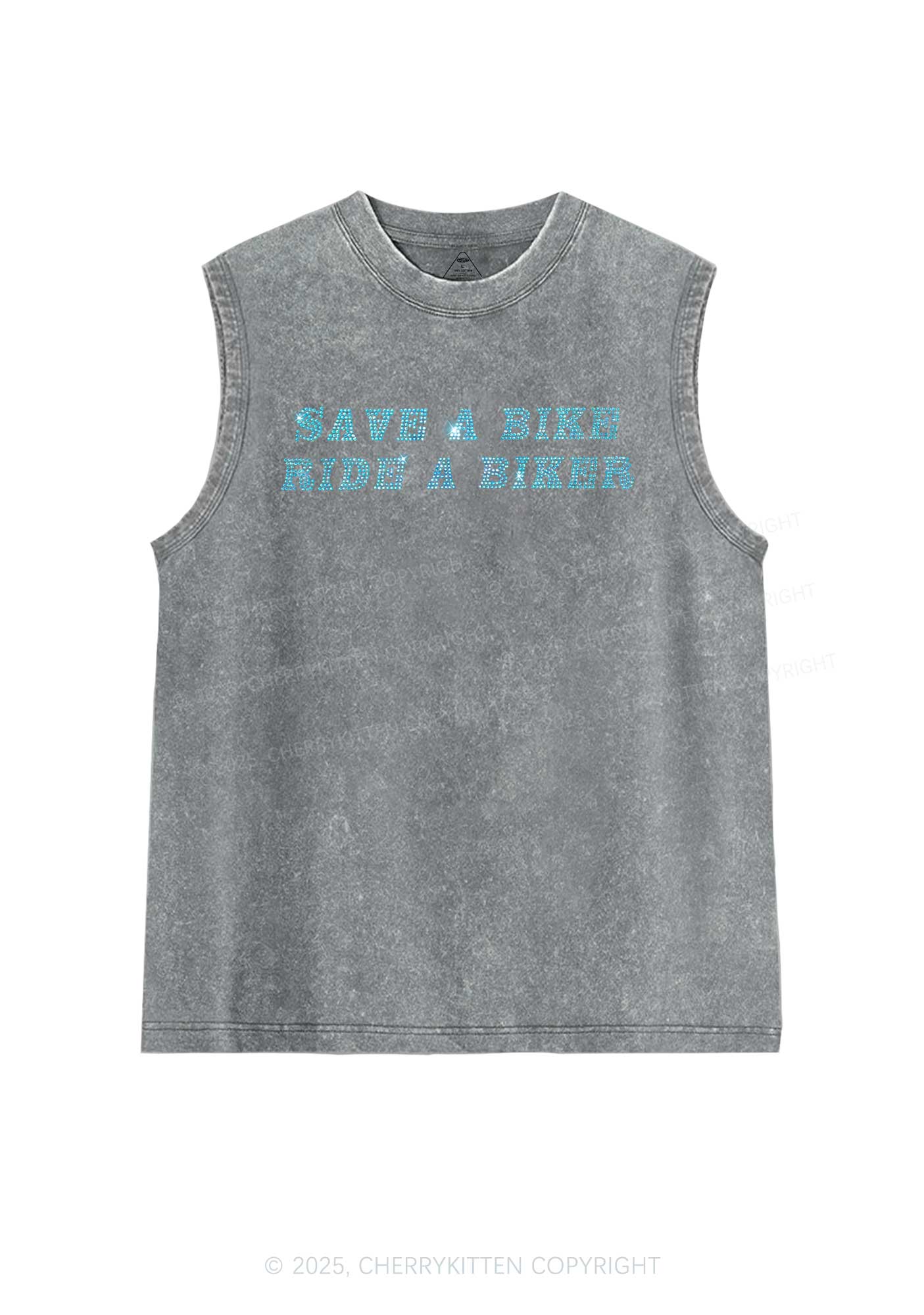 Rhinestone Save Bike Ride Biker Y2K Washed Muscle Tank Cherrykitten - Image 4