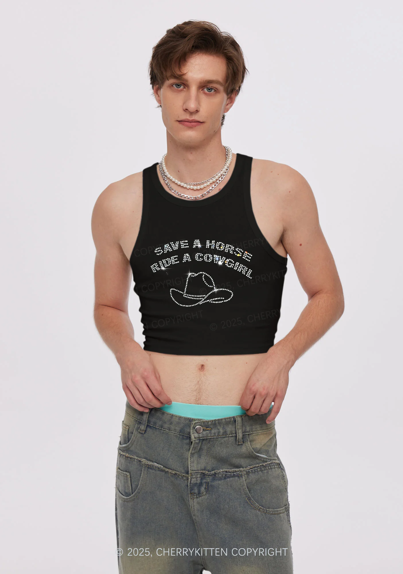 Rhinestone Save Horse Ride Cowgirl Y2K Crop Tank Top Cherrykitten - Image 2