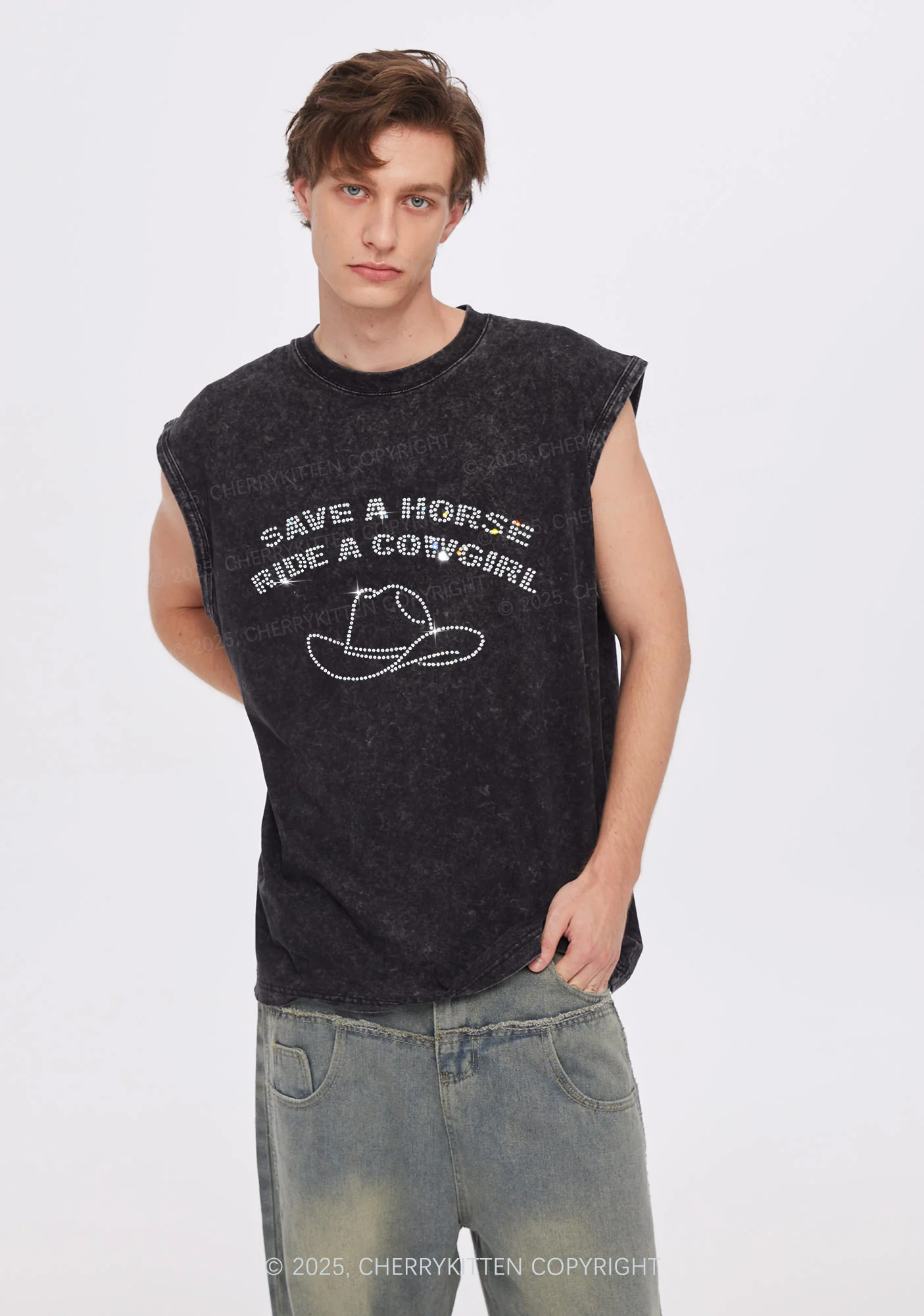Rhinestone Save Horse Ride Cowgirl Y2K Washed Muscle Tank Cherrykitten - Image 2