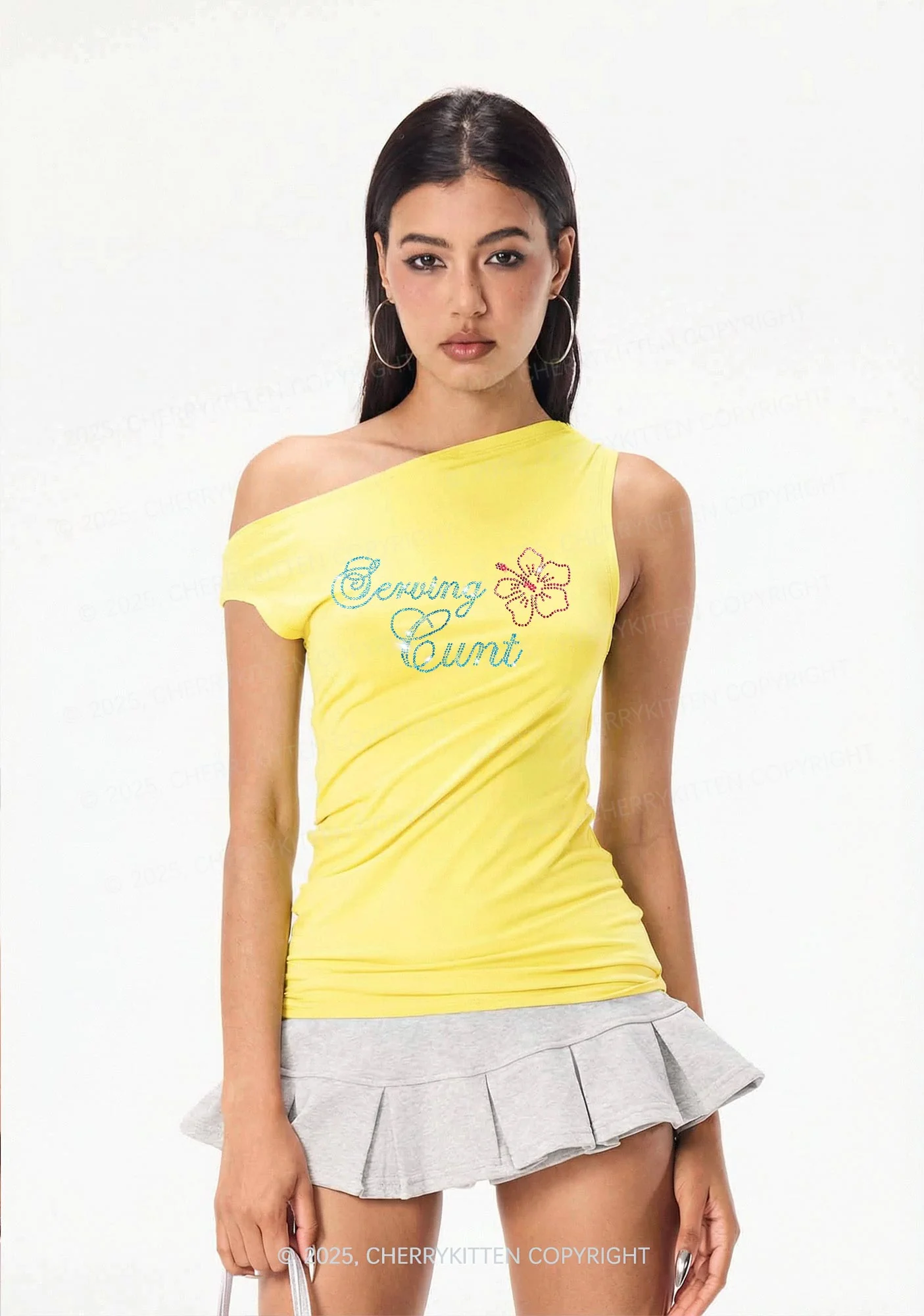 Rhinestone Serving Cxxt Y2K Off Shoulder Tank Top Cherrykitten - Image 2