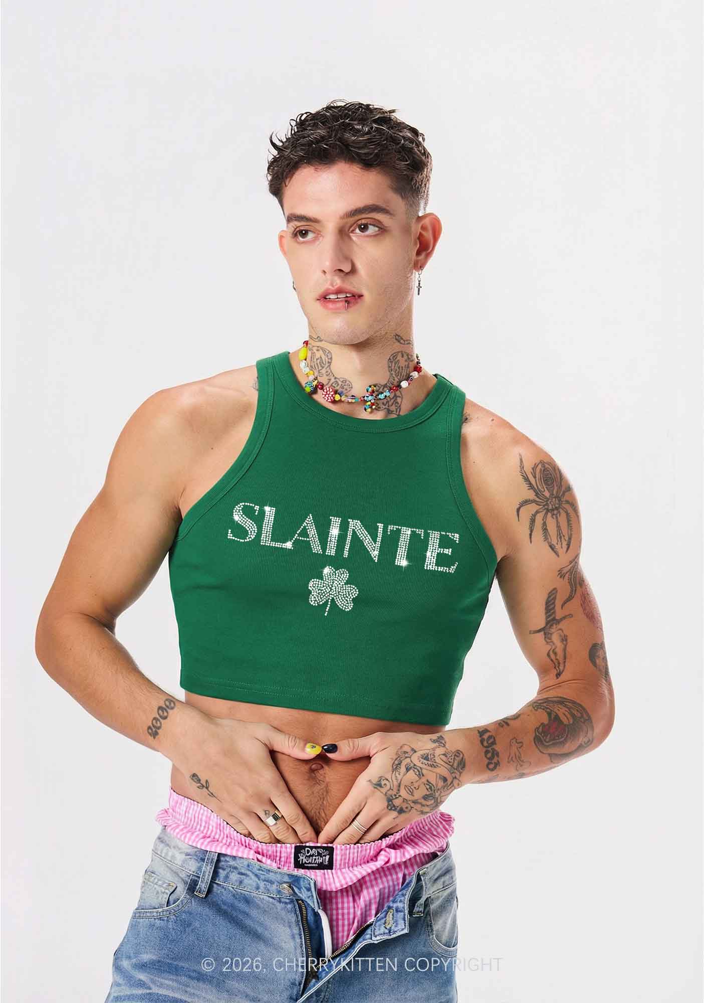 Rhinestone Slainte St Patricks Y2K Crop Tank Top Cherrykitten - Image 2