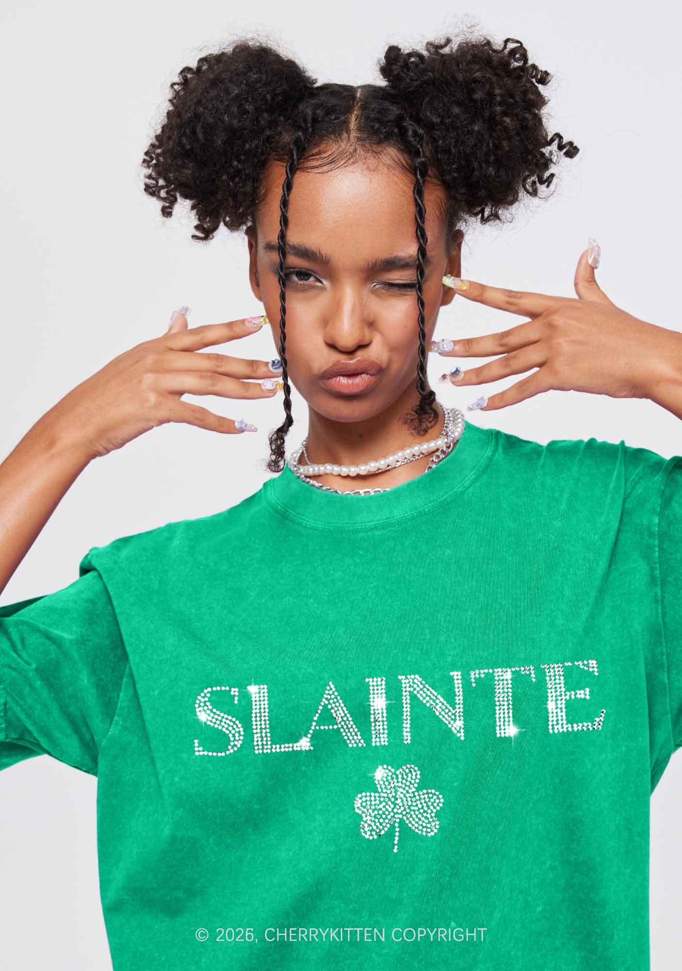 Rhinestone Slainte St Patricks Y2K Shirts Washed Tee Cherrykitten - Image 2