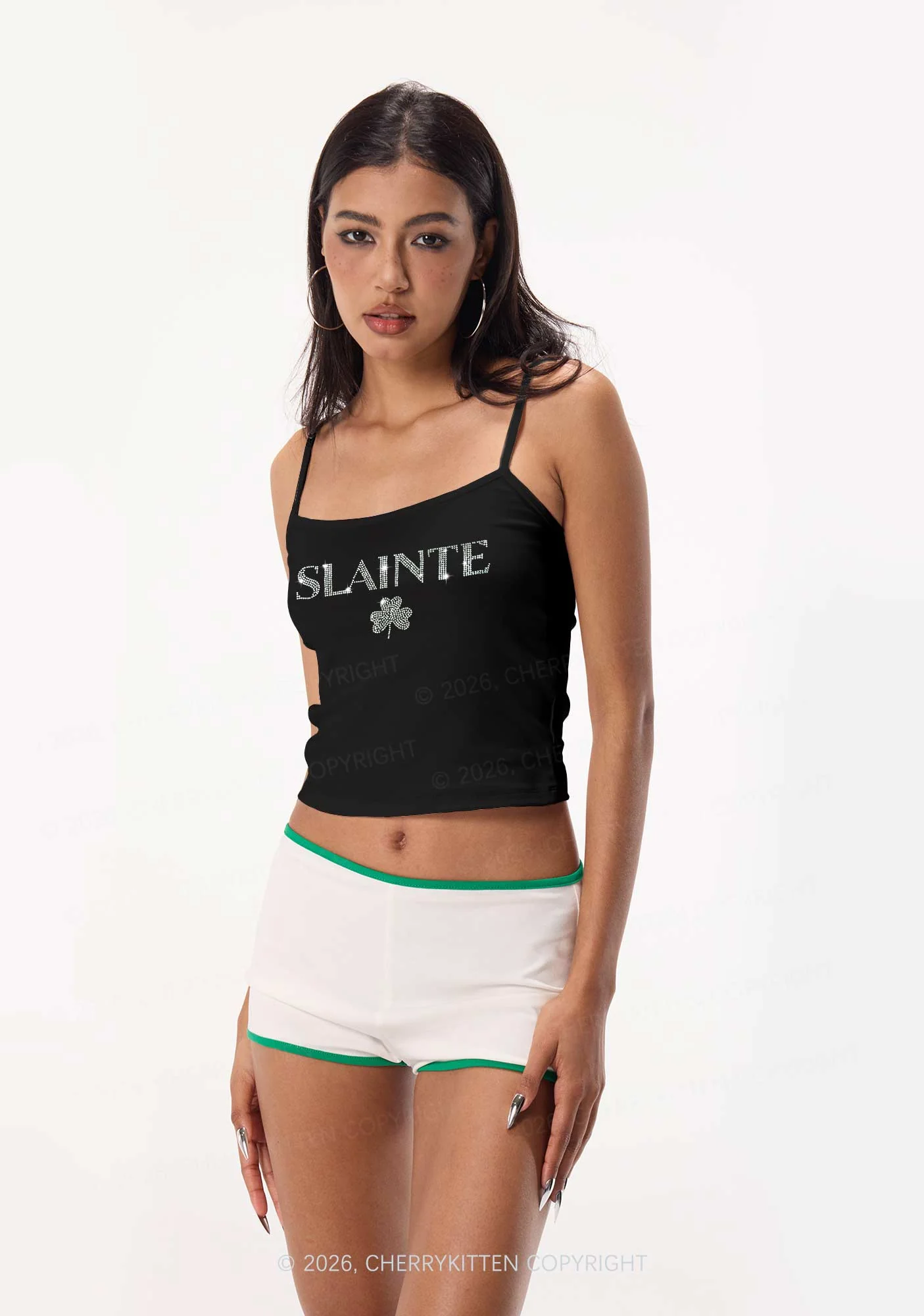 Rhinestone Slainte St Patricks Y2K Spaghetti Strap Cami Cherrykitten - Image 2