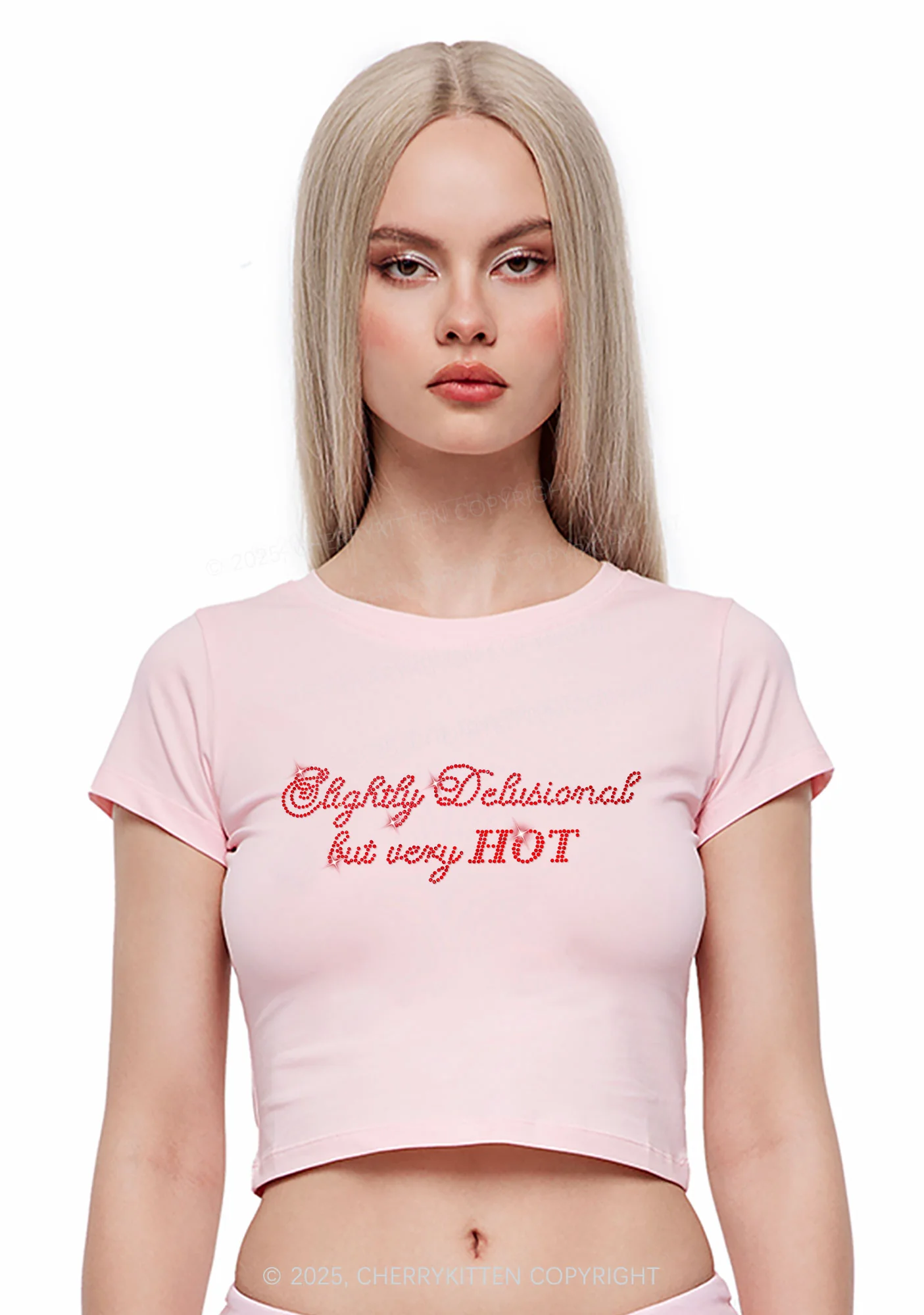 Rhinestone Slightly Delusional But Very Hot Y2K Baby Tee Cherrykitten - Image 2