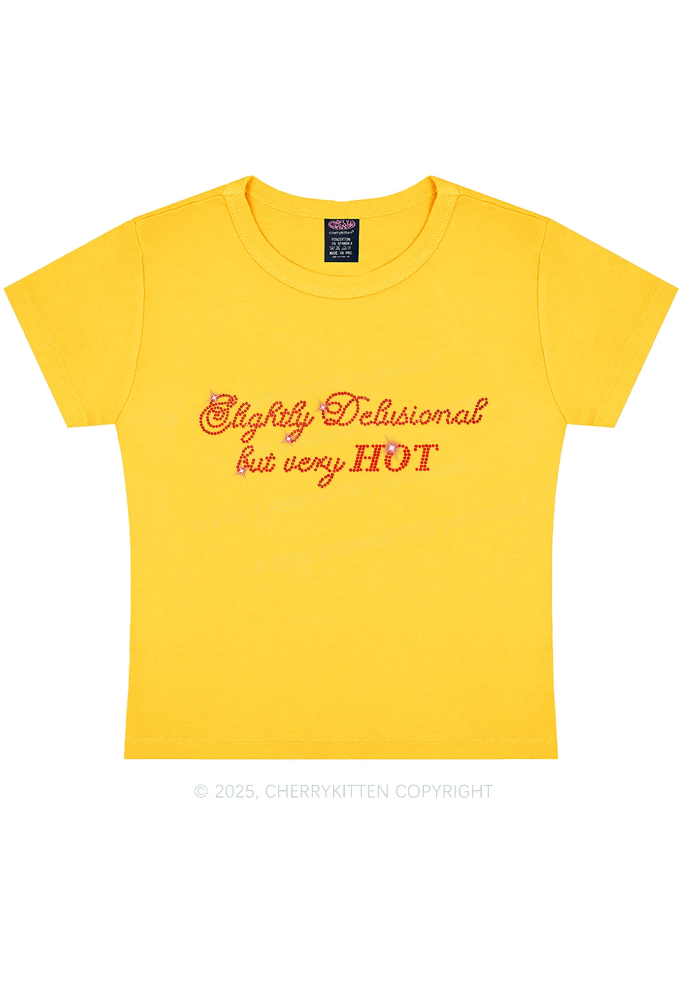 Rhinestone Slightly Delusional But Very Hot Y2K Baby Tee Cherrykitten - Image 4