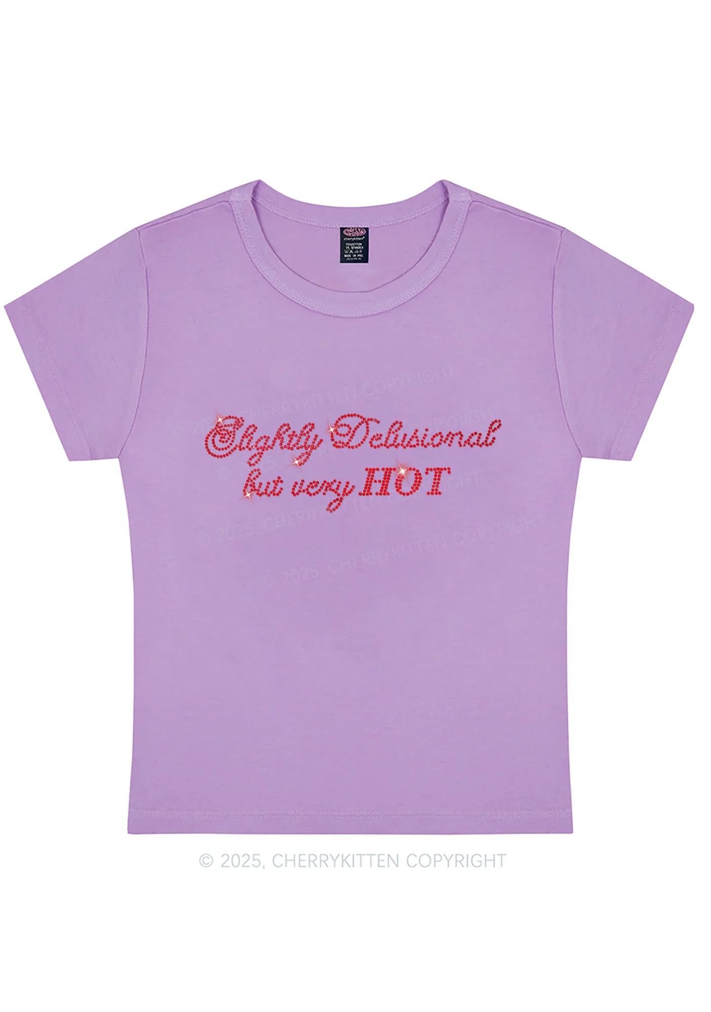 Rhinestone Slightly Delusional But Very Hot Y2K Baby Tee Cherrykitten - Image 5