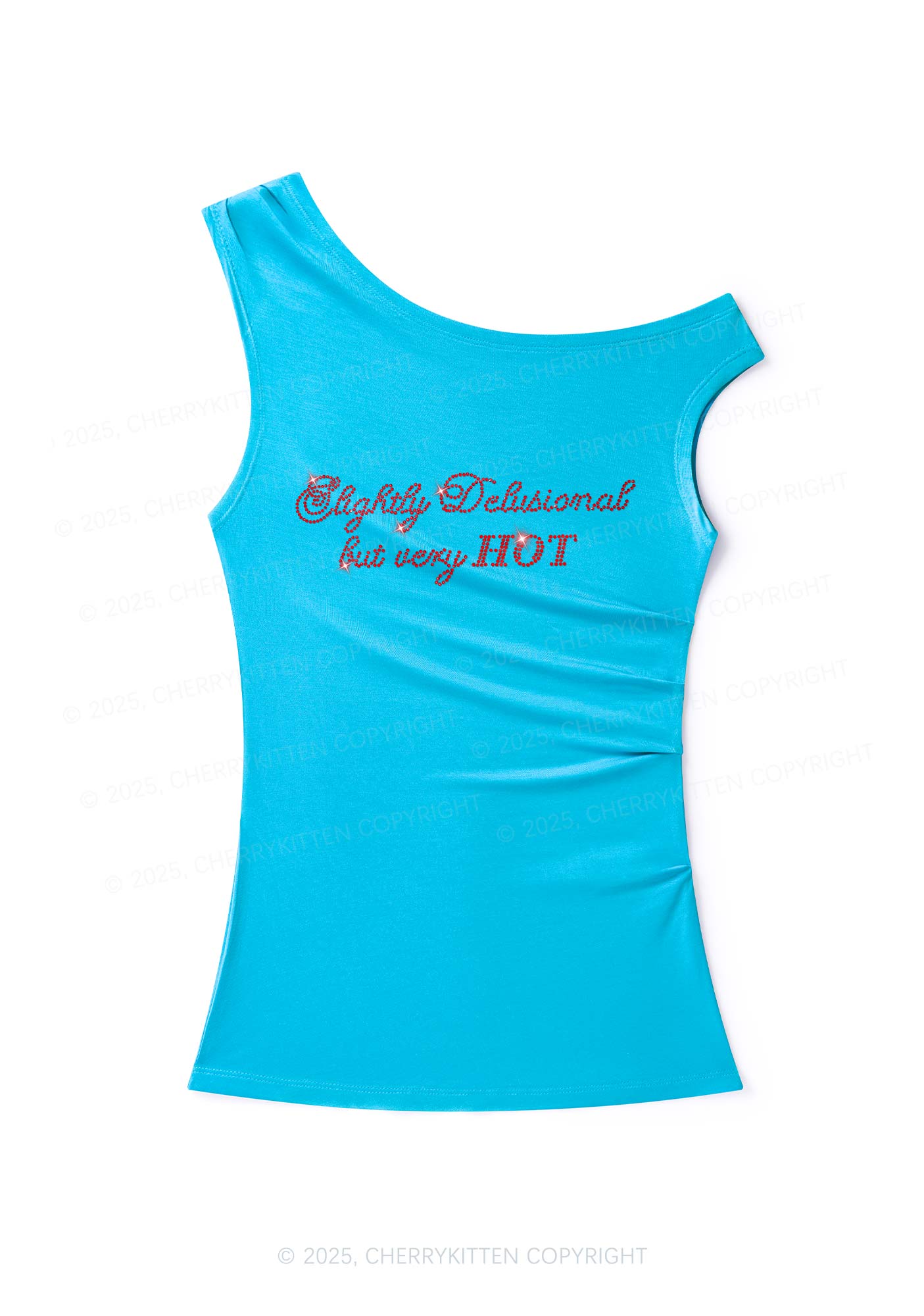 Rhinestone Slightly Delusional But Very Hot Y2K Off Shoulder Tank Top Cherrykitten - Image 3