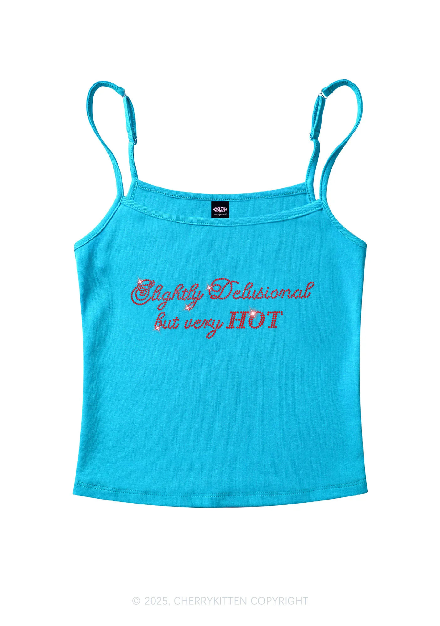 Rhinestone Slightly Delusional But Very Hot Y2K Spaghetti Strap Cami Cherrykitten - Image 6