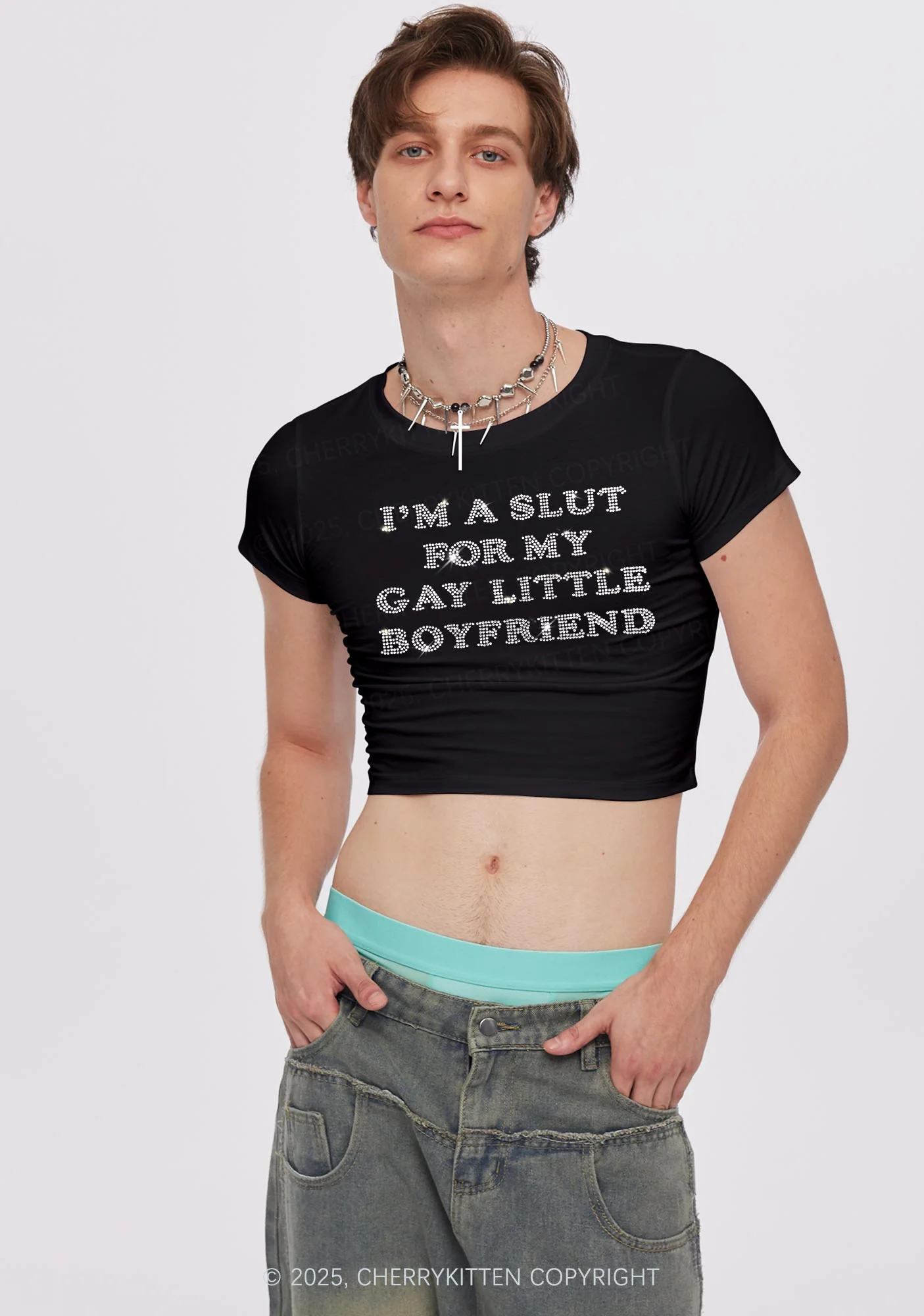 Rhinestone Slxt For My Gay BF Pride Y2K Baby Tee Cherrykitten - Image 2