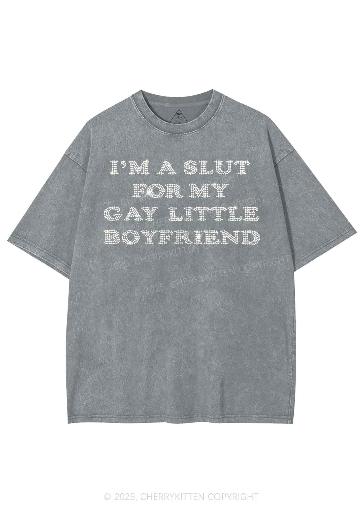 Rhinestone Slxt For My Gay BF Pride Y2K Shirts Washed Tee Cherrykitten - Image 7