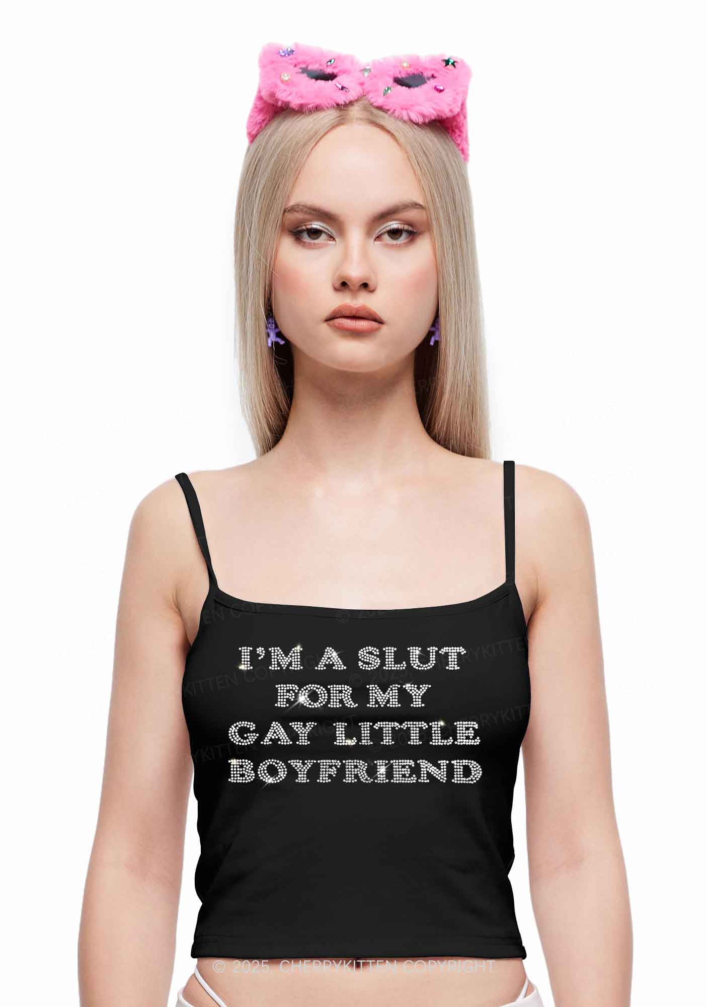Rhinestone Slxt For My Gay BF Pride Y2K Spaghetti Strap Cami Cherrykitten - Image 2