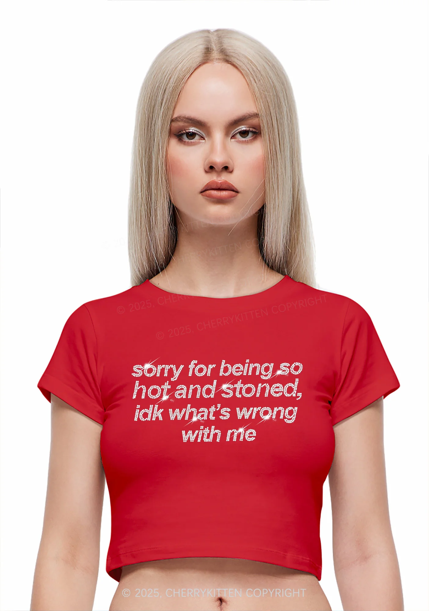 Rhinestone Sorry For Being Hot And Stoned Y2K Baby Tee Cherrykitten - Image 2