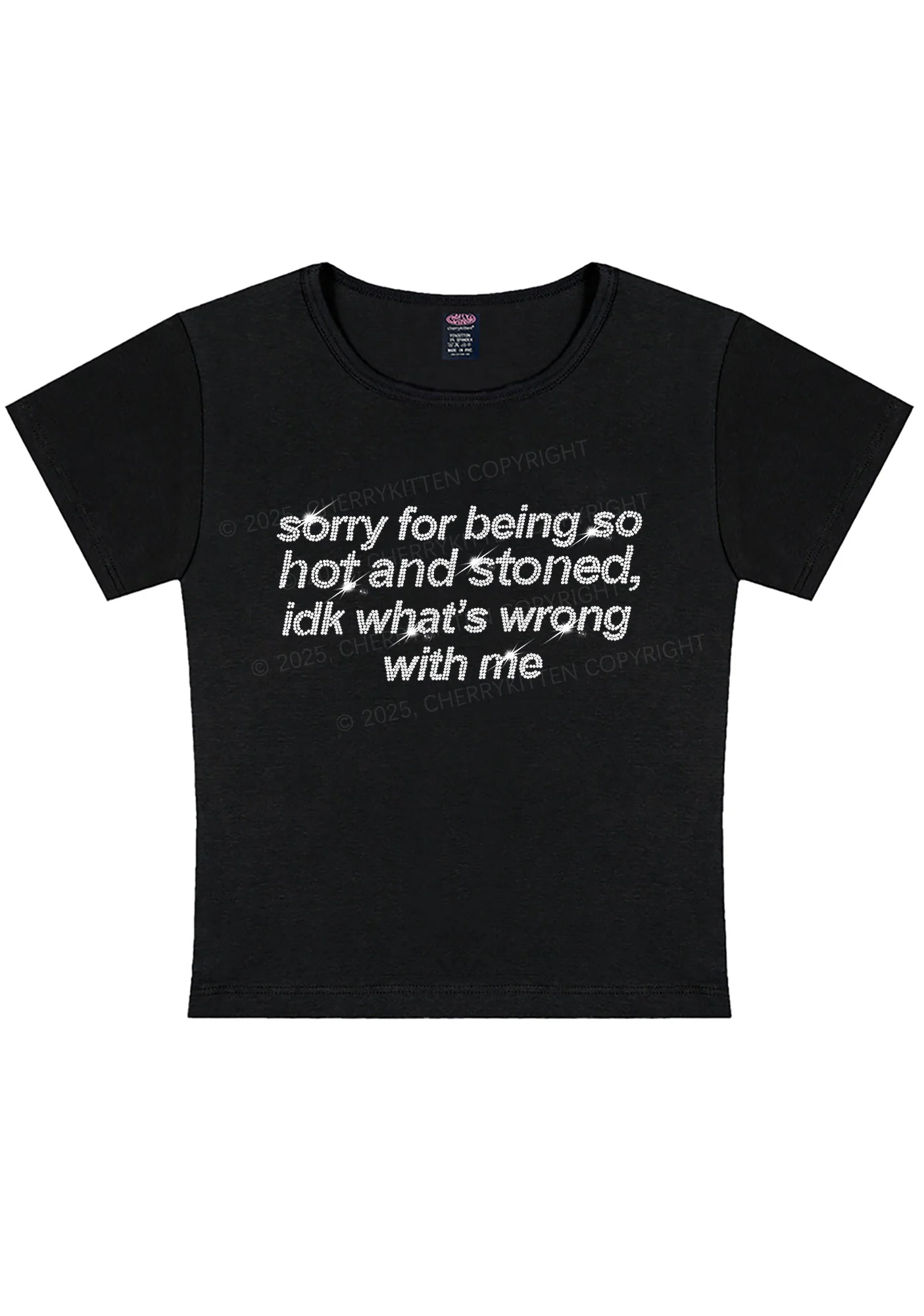 Rhinestone Sorry For Being Hot And Stoned Y2K Baby Tee Cherrykitten - Image 3