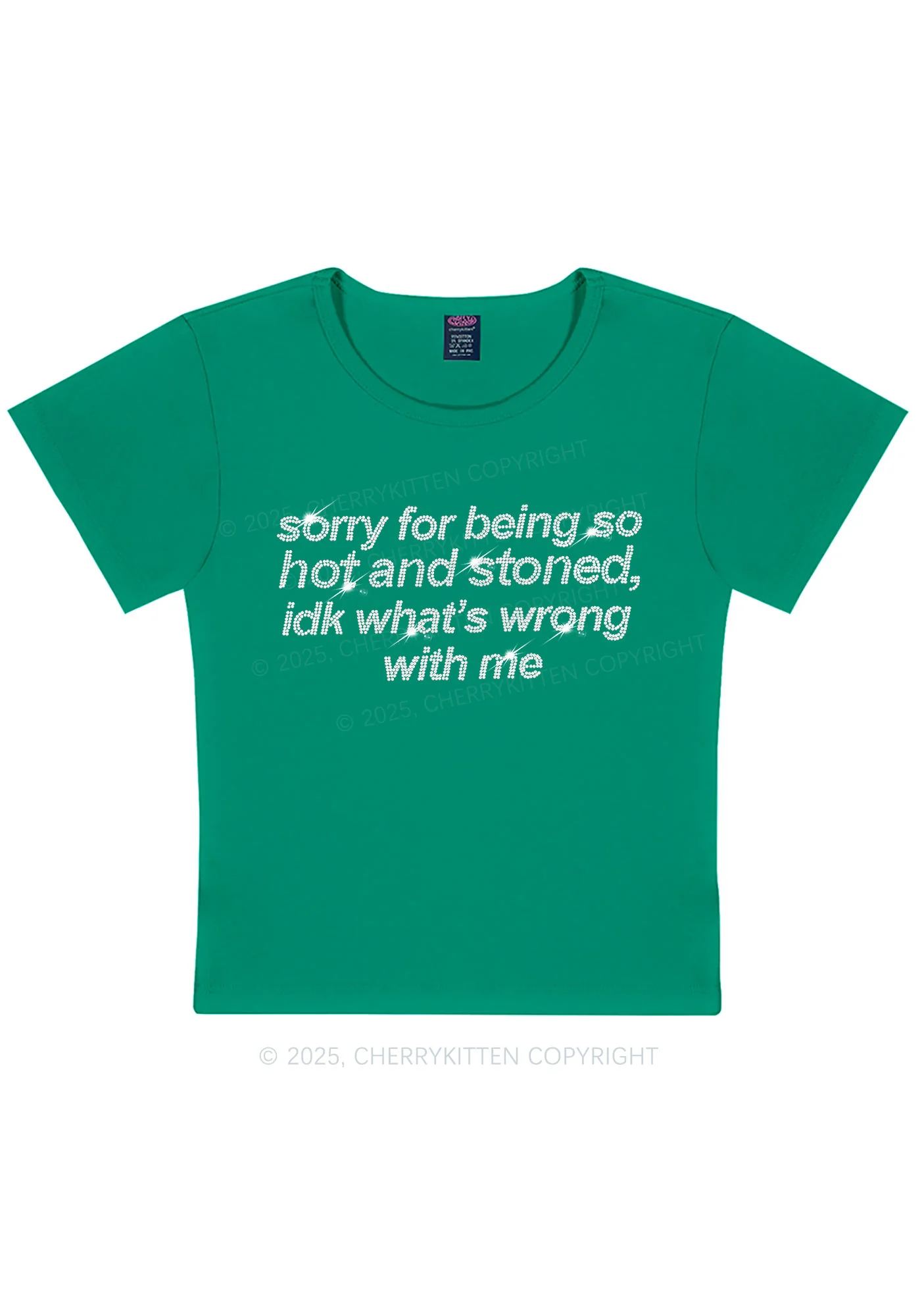 Rhinestone Sorry For Being Hot And Stoned Y2K Baby Tee Cherrykitten - Image 7