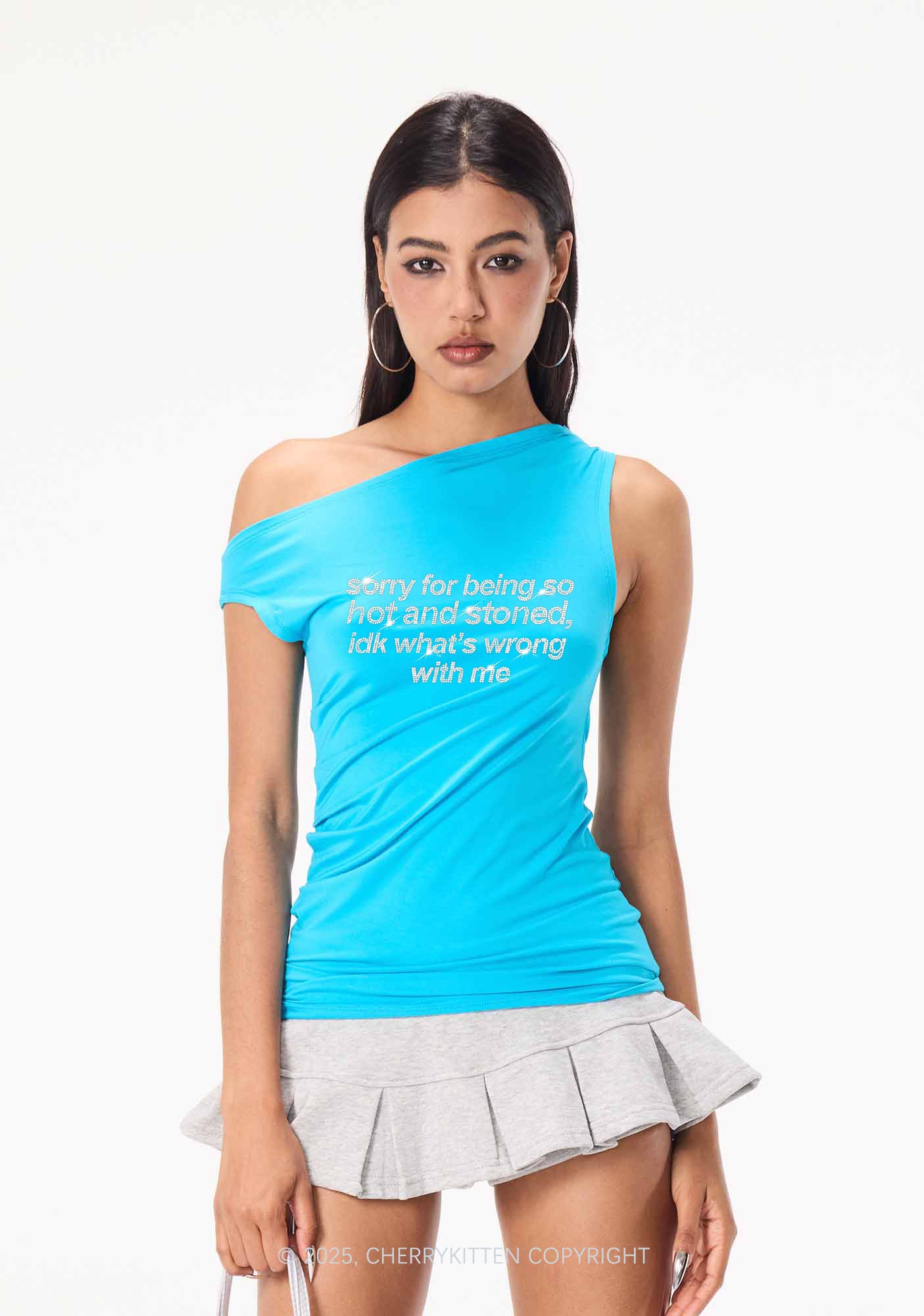 Rhinestone Sorry For Being Hot And Stoned Y2K Off Shoulder Tank Top Cherrykitten - Image 2