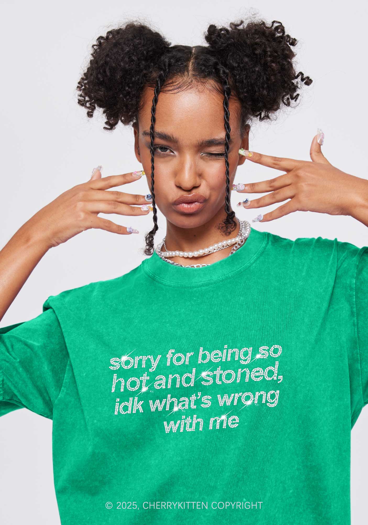 Rhinestone Sorry For Being Hot And Stoned Y2K Shirts Washed Tee Cherrykitten - Image 2
